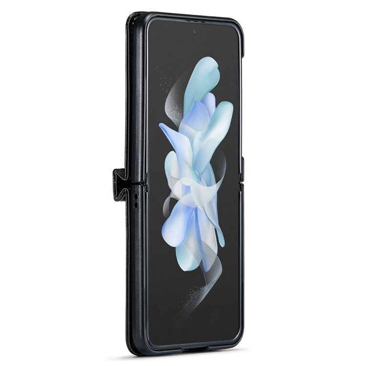 CASEME 003 Series For Samsung Galaxy Z Flip4 5G PU Leather Coated PC Kickstand Case Waxy Texture Phone Cover with Detachable Ring Holder and Hand Strap - Black