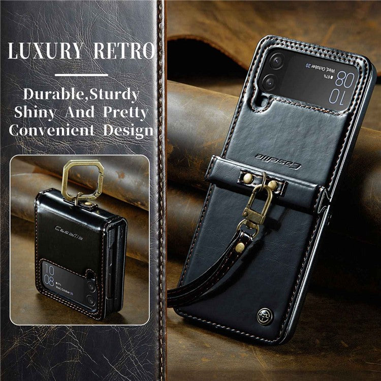CASEME 003 Series For Samsung Galaxy Z Flip4 5G PU Leather Coated PC Kickstand Case Waxy Texture Phone Cover with Detachable Ring Holder and Hand Strap - Black