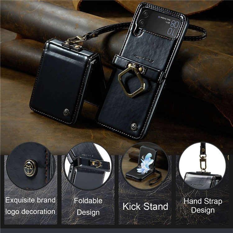 CASEME 003 Series For Samsung Galaxy Z Flip4 5G PU Leather Coated PC Kickstand Case Waxy Texture Phone Cover with Detachable Ring Holder and Hand Strap - Black