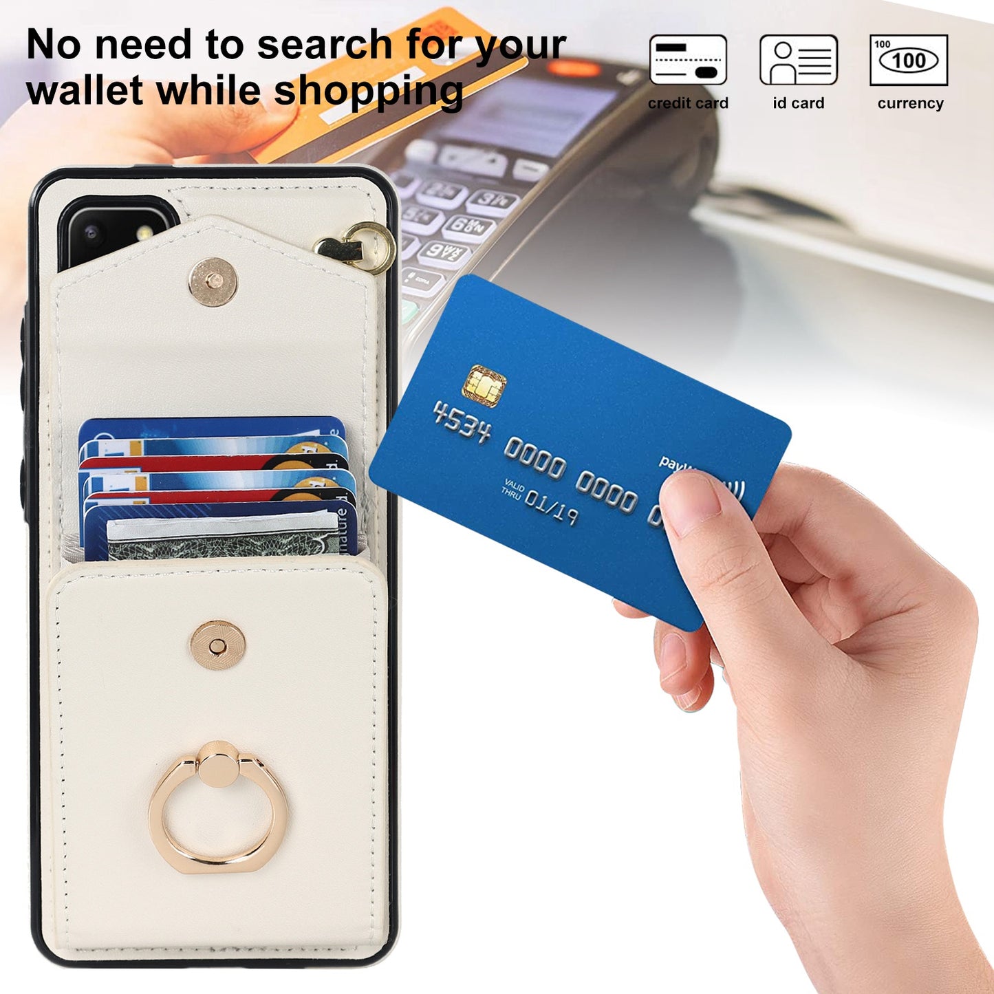 For Samsung Galaxy S20 Plus 4G / 5G Accordion Style RFID Blocking Card Holder Ring Kickstand Case Anti-drop PU Leather+TPU Cover - Beige