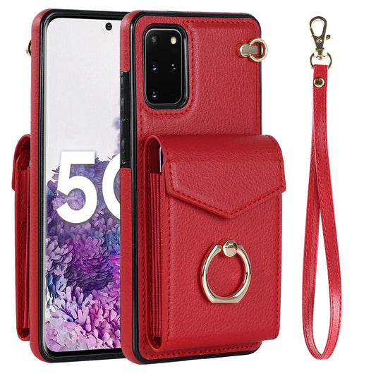 For Samsung Galaxy S20 Plus 4G / 5G Accordion Style RFID Blocking Card Holder Ring Kickstand Case Anti-drop PU Leather+TPU Cover - Red