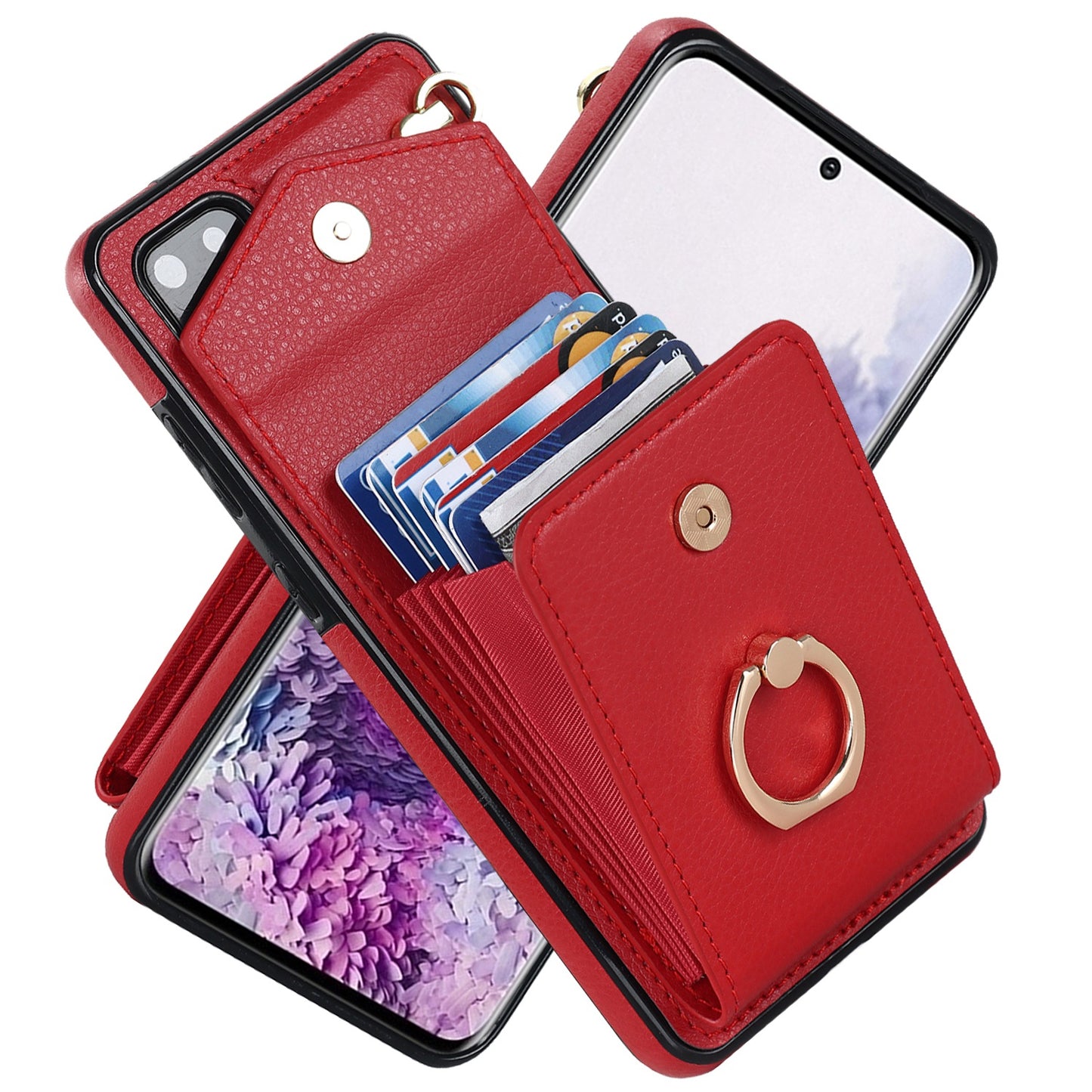 For Samsung Galaxy S20 Plus 4G / 5G Accordion Style RFID Blocking Card Holder Ring Kickstand Case Anti-drop PU Leather+TPU Cover - Red