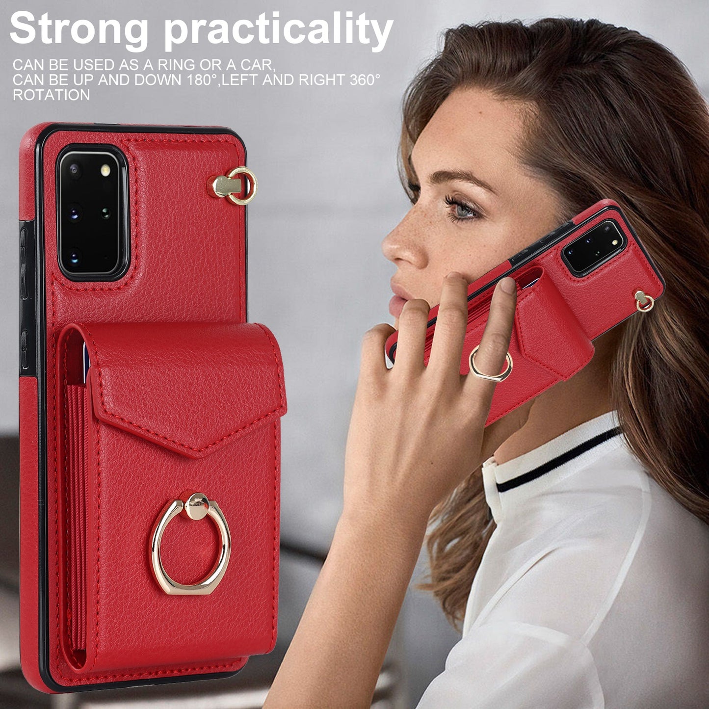 For Samsung Galaxy S20 Plus 4G / 5G Accordion Style RFID Blocking Card Holder Ring Kickstand Case Anti-drop PU Leather+TPU Cover - Red