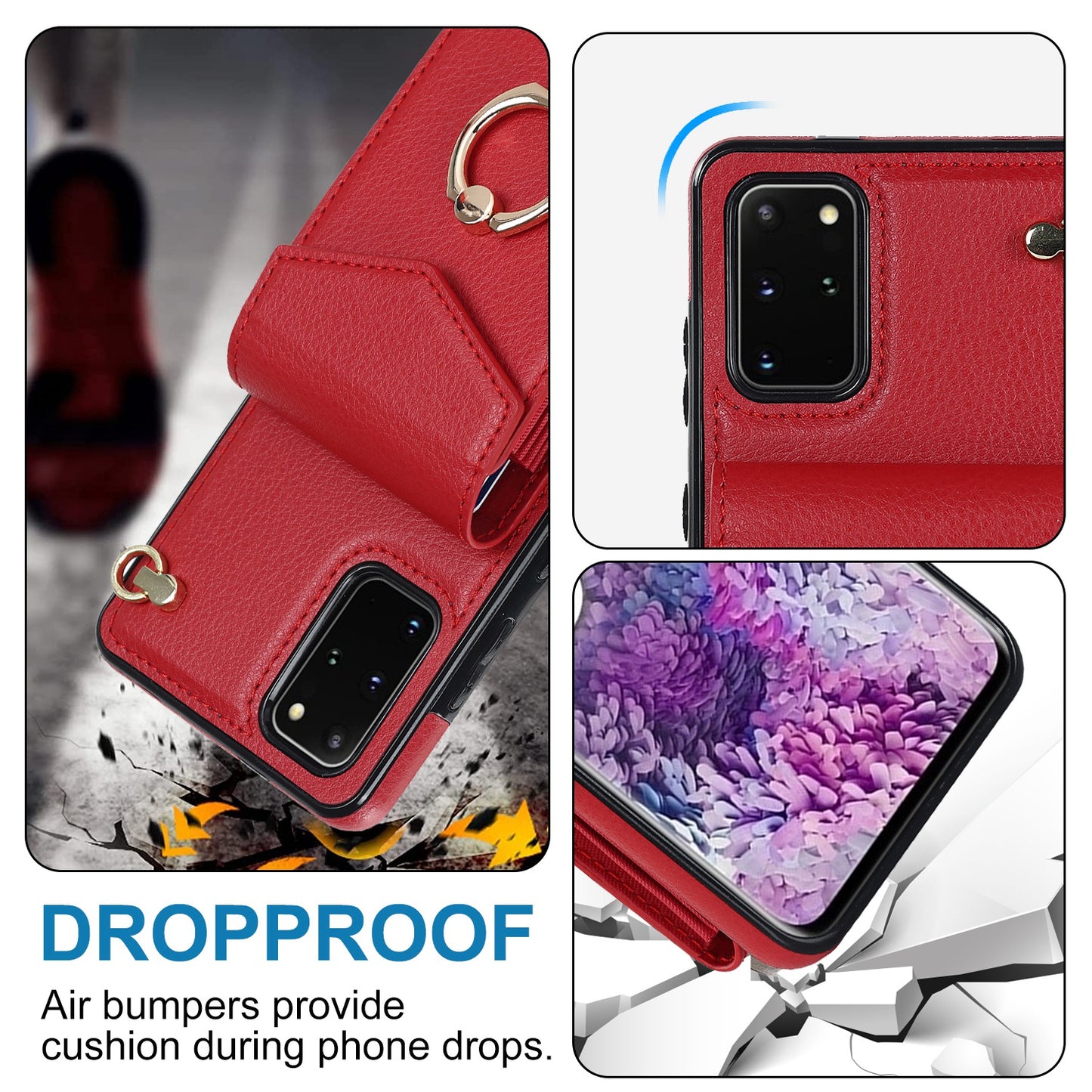 For Samsung Galaxy S20 Plus 4G / 5G Accordion Style RFID Blocking Card Holder Ring Kickstand Case Anti-drop PU Leather+TPU Cover - Red