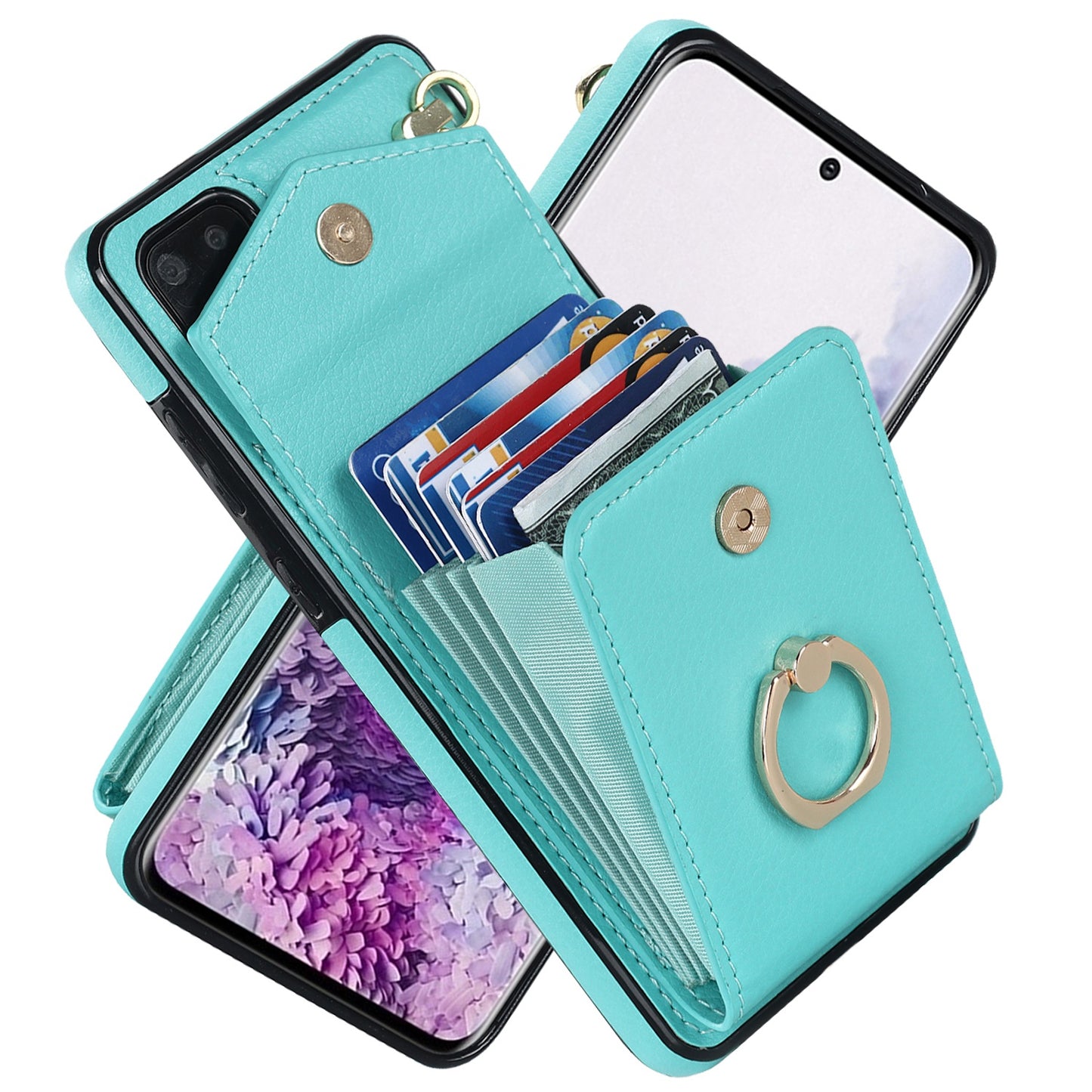 For Samsung Galaxy S20 Plus 4G / 5G Accordion Style RFID Blocking Card Holder Ring Kickstand Case Anti-drop PU Leather+TPU Cover - Mint Green