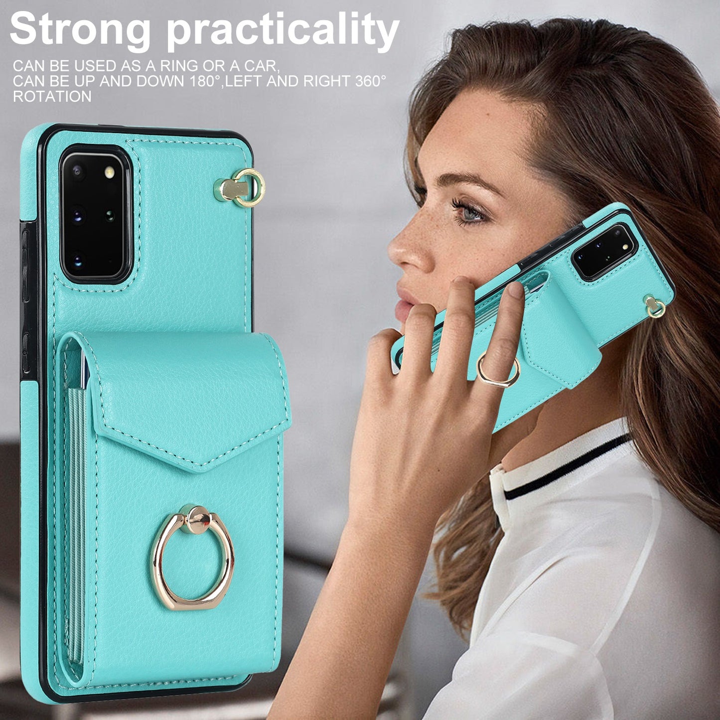 For Samsung Galaxy S20 Plus 4G / 5G Accordion Style RFID Blocking Card Holder Ring Kickstand Case Anti-drop PU Leather+TPU Cover - Mint Green