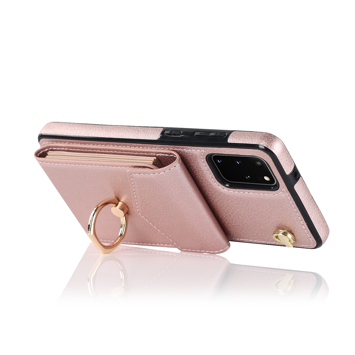 For Samsung Galaxy S20 Plus 4G / 5G Accordion Style RFID Blocking Card Holder Ring Kickstand Case Anti-drop PU Leather+TPU Cover - Rose Gold