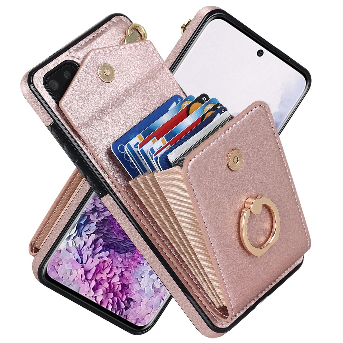 For Samsung Galaxy S20 Plus 4G / 5G Accordion Style RFID Blocking Card Holder Ring Kickstand Case Anti-drop PU Leather+TPU Cover - Rose Gold