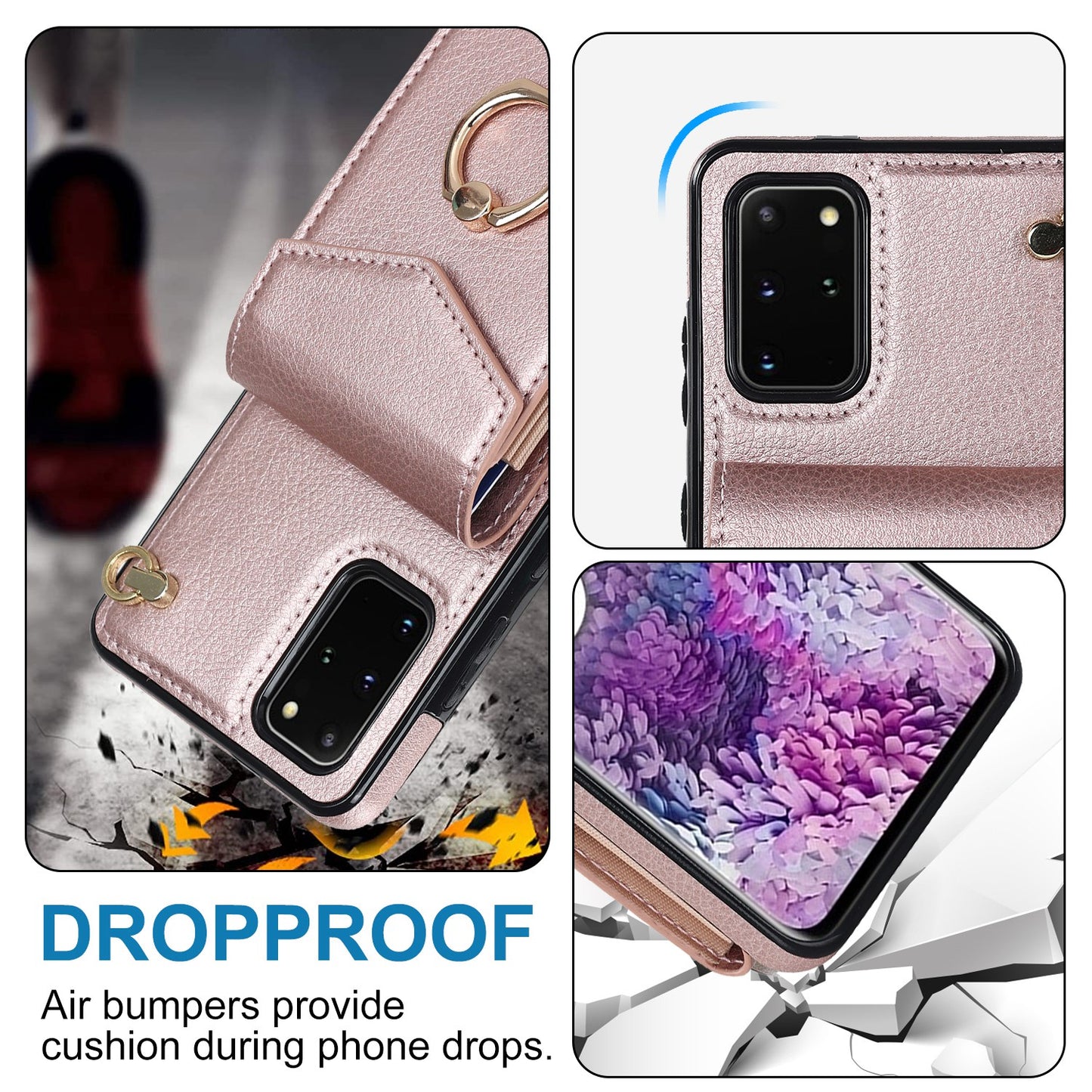 For Samsung Galaxy S20 Plus 4G / 5G Accordion Style RFID Blocking Card Holder Ring Kickstand Case Anti-drop PU Leather+TPU Cover - Rose Gold