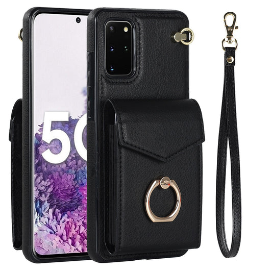 For Samsung Galaxy S20 Plus 4G / 5G Accordion Style RFID Blocking Card Holder Ring Kickstand Case Anti-drop PU Leather+TPU Cover - Black