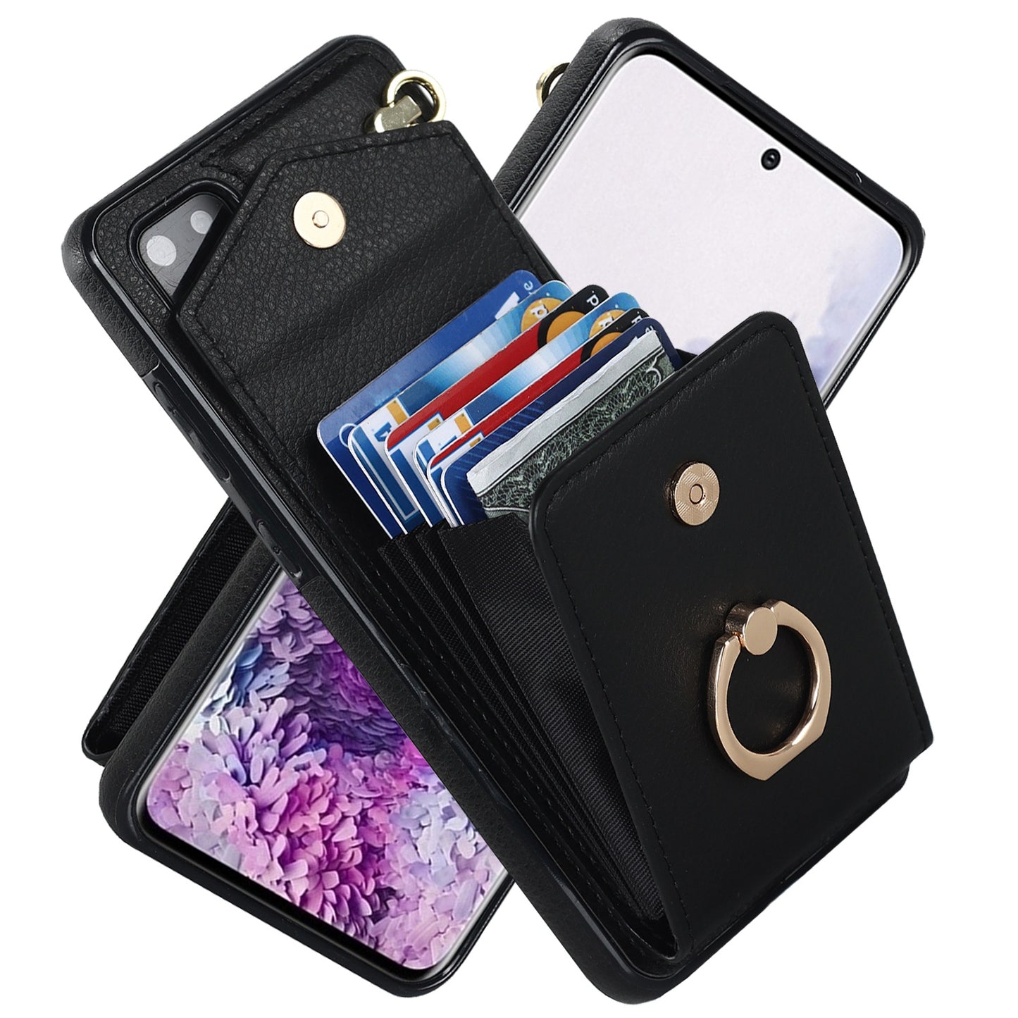 For Samsung Galaxy S20 Plus 4G / 5G Accordion Style RFID Blocking Card Holder Ring Kickstand Case Anti-drop PU Leather+TPU Cover - Black