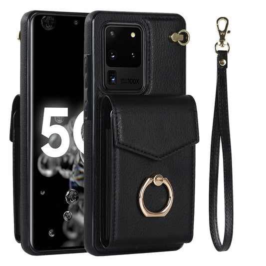 For Samsung Galaxy S20 Ultra Ring Kickstand Phone Back Case RFID Blocking Accordion Style Card Bag PU Leather+TPU Protective Cover with Strap - Black