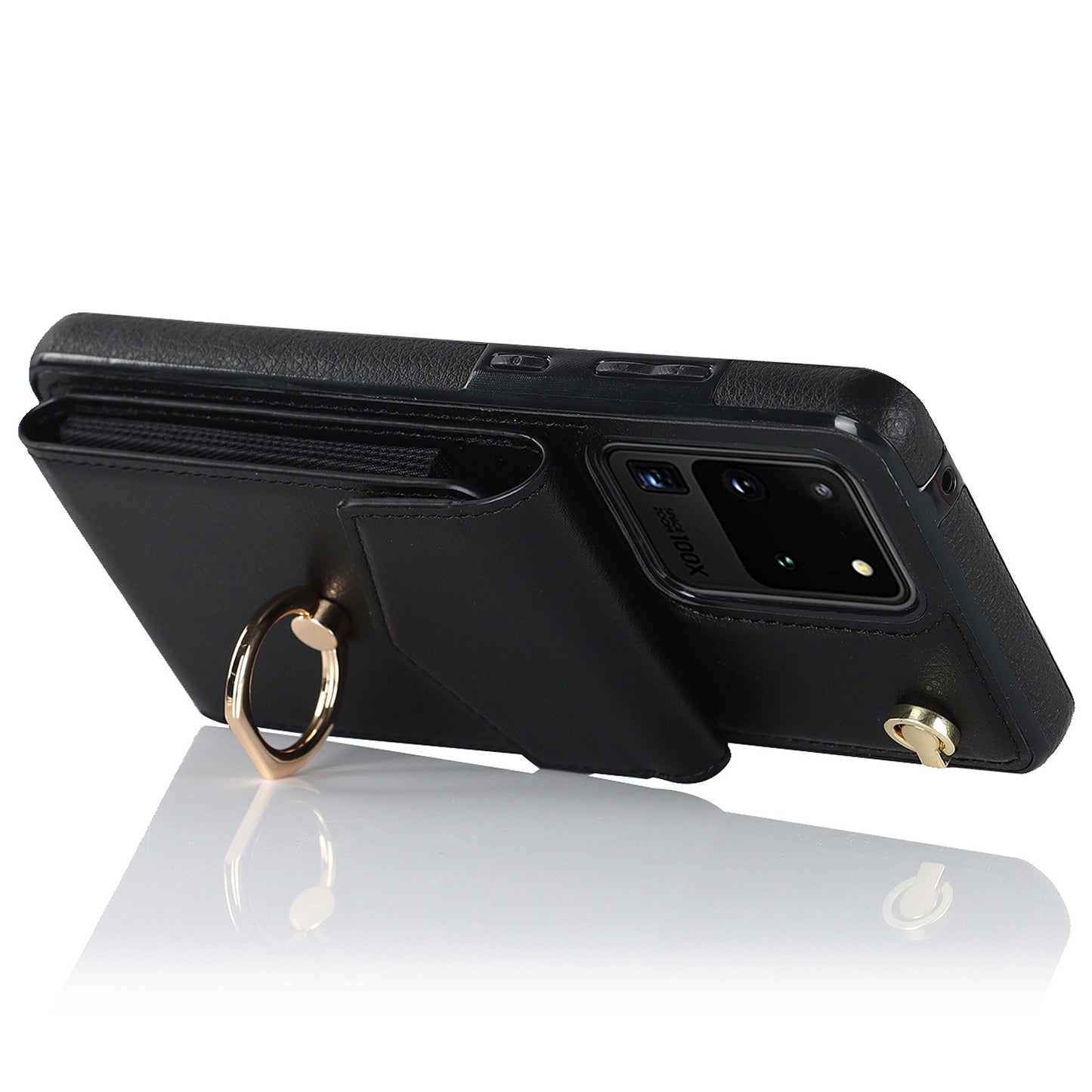 For Samsung Galaxy S20 Ultra Ring Kickstand Phone Back Case RFID Blocking Accordion Style Card Bag PU Leather+TPU Protective Cover with Strap - Black