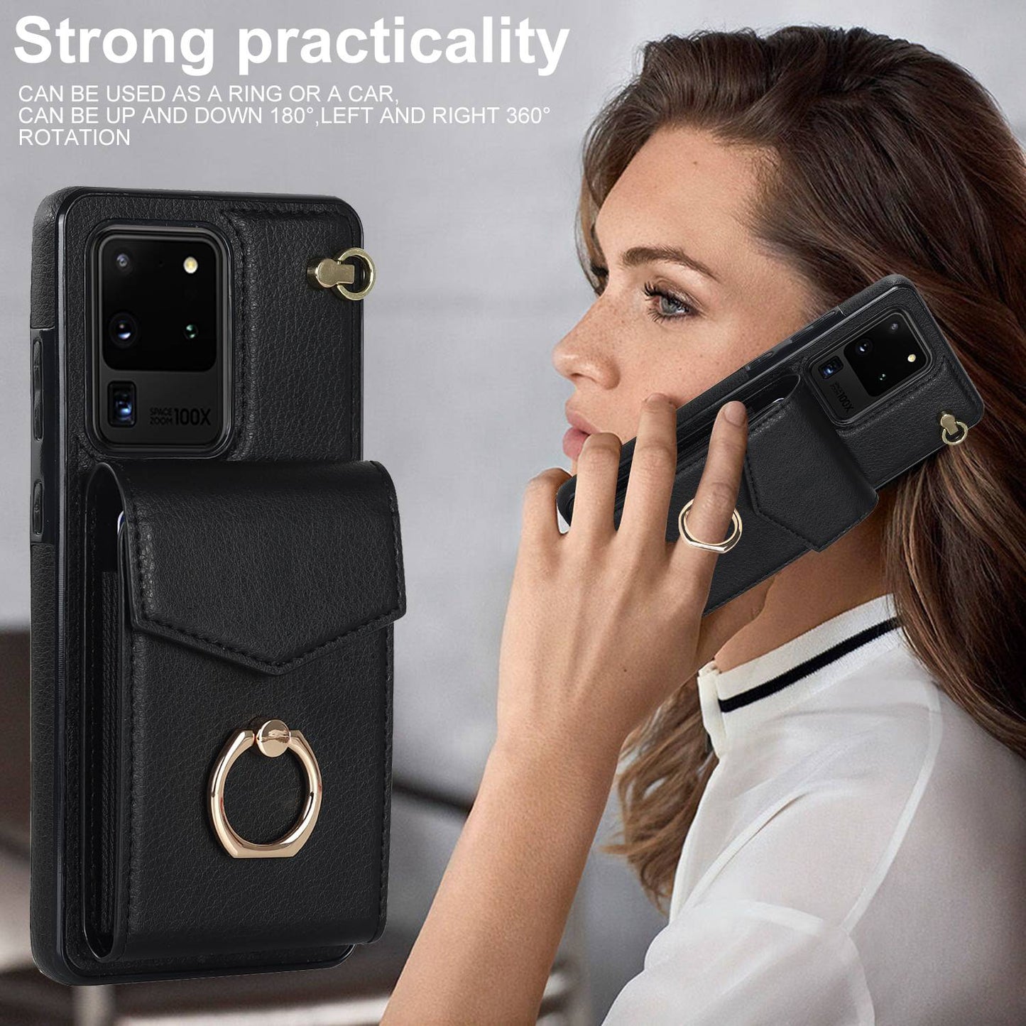 For Samsung Galaxy S20 Ultra Ring Kickstand Phone Back Case RFID Blocking Accordion Style Card Bag PU Leather+TPU Protective Cover with Strap - Black