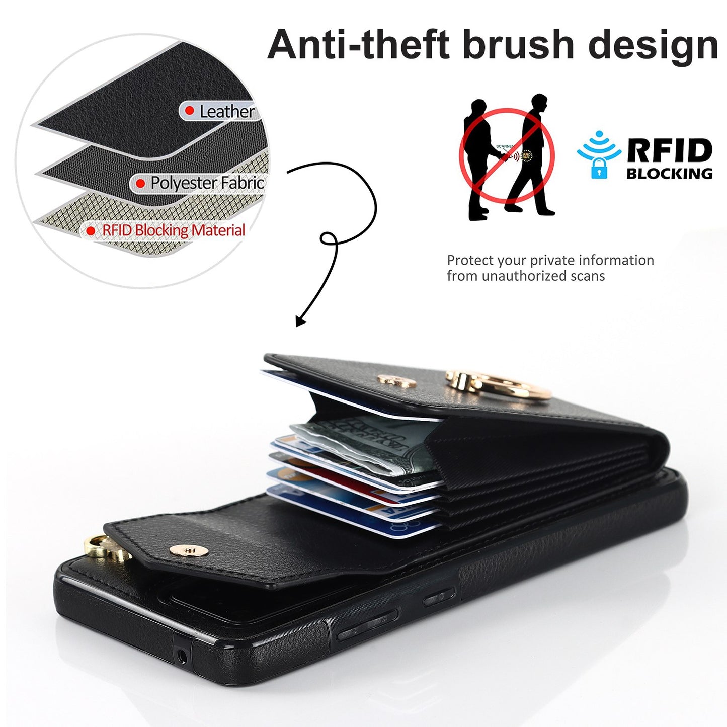 For Samsung Galaxy S20 Ultra Ring Kickstand Phone Back Case RFID Blocking Accordion Style Card Bag PU Leather+TPU Protective Cover with Strap - Black