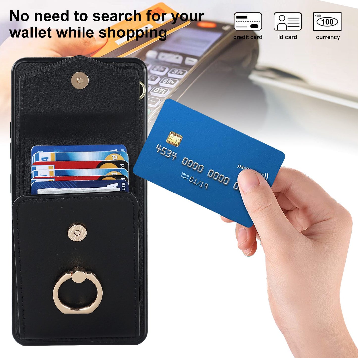For Samsung Galaxy S20 Ultra Ring Kickstand Phone Back Case RFID Blocking Accordion Style Card Bag PU Leather+TPU Protective Cover with Strap - Black