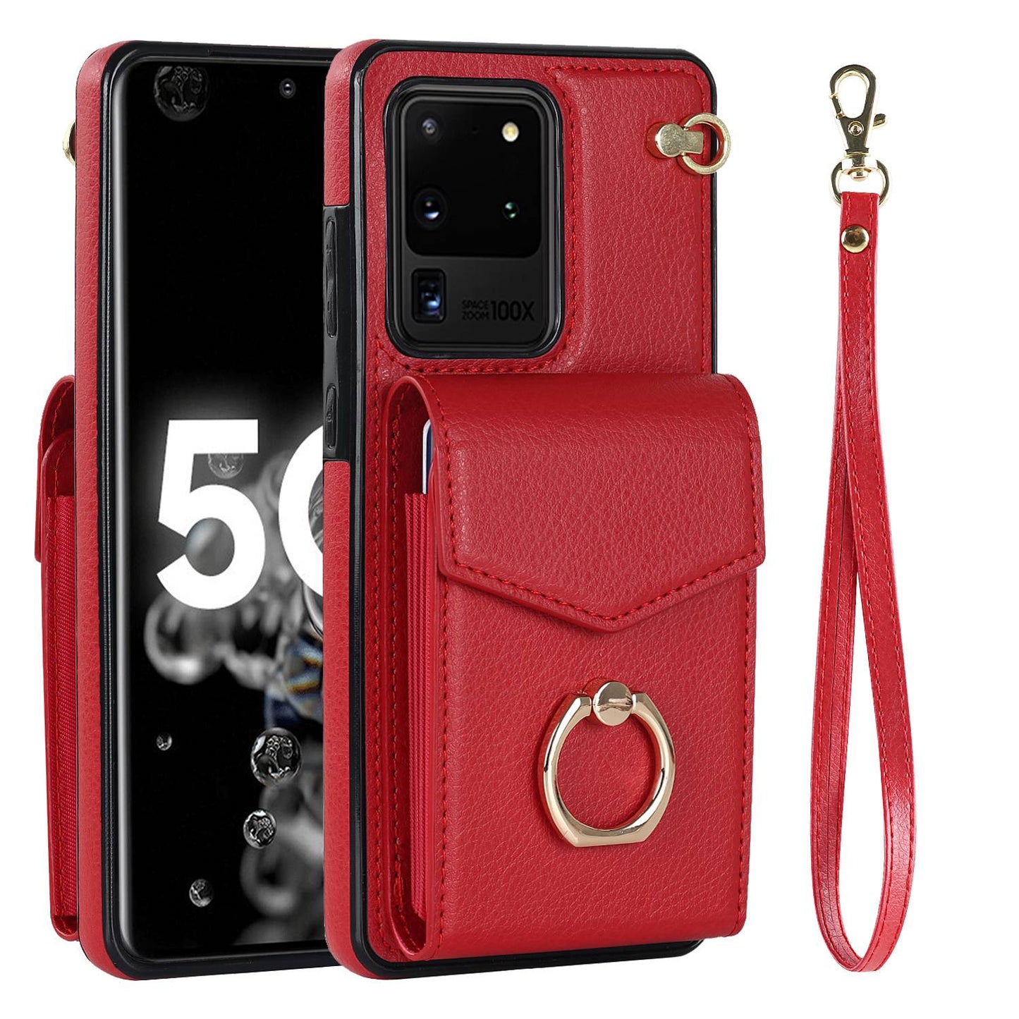 For Samsung Galaxy S20 Ultra Ring Kickstand Phone Back Case RFID Blocking Accordion Style Card Bag PU Leather+TPU Protective Cover with Strap - Red