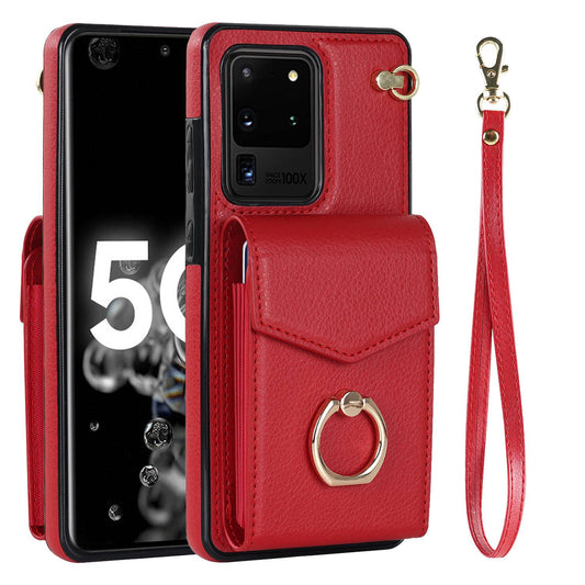 For Samsung Galaxy S20 Ultra Ring Kickstand Phone Back Case RFID Blocking Accordion Style Card Bag PU Leather+TPU Protective Cover with Strap - Red