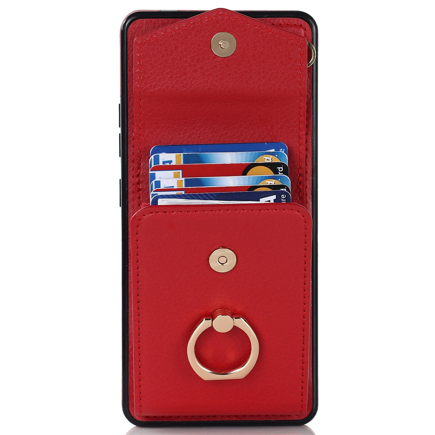 For Samsung Galaxy S20 Ultra Ring Kickstand Phone Back Case RFID Blocking Accordion Style Card Bag PU Leather+TPU Protective Cover with Strap - Red