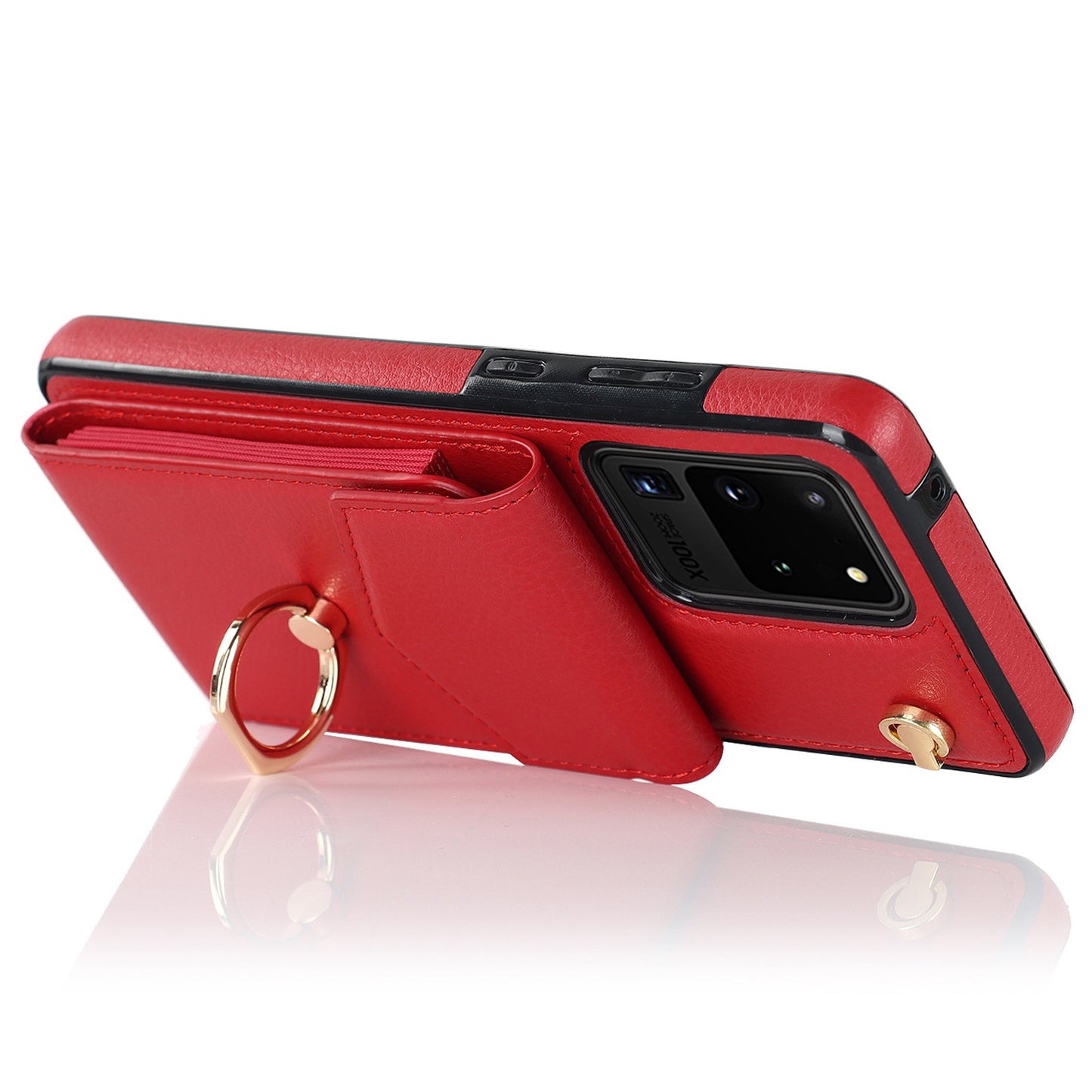 For Samsung Galaxy S20 Ultra Ring Kickstand Phone Back Case RFID Blocking Accordion Style Card Bag PU Leather+TPU Protective Cover with Strap - Red
