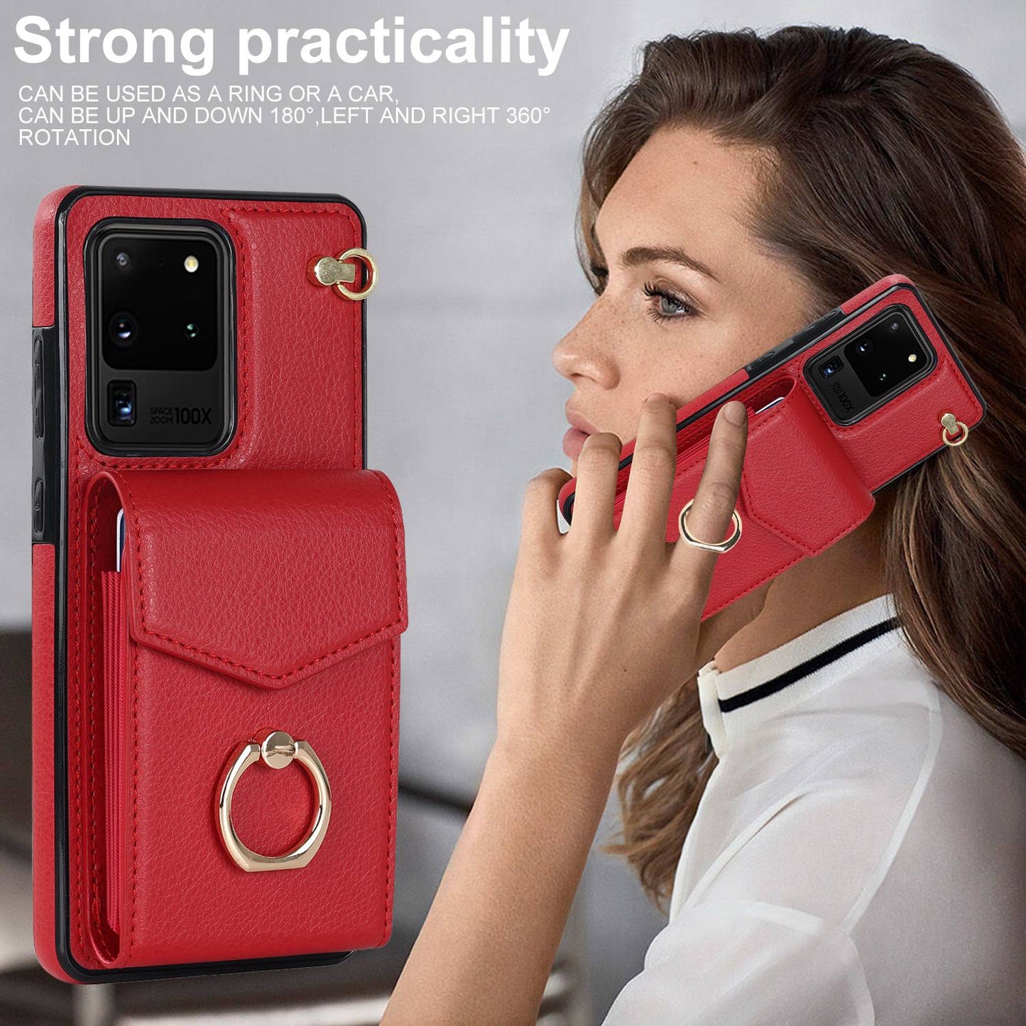 For Samsung Galaxy S20 Ultra Ring Kickstand Phone Back Case RFID Blocking Accordion Style Card Bag PU Leather+TPU Protective Cover with Strap - Red