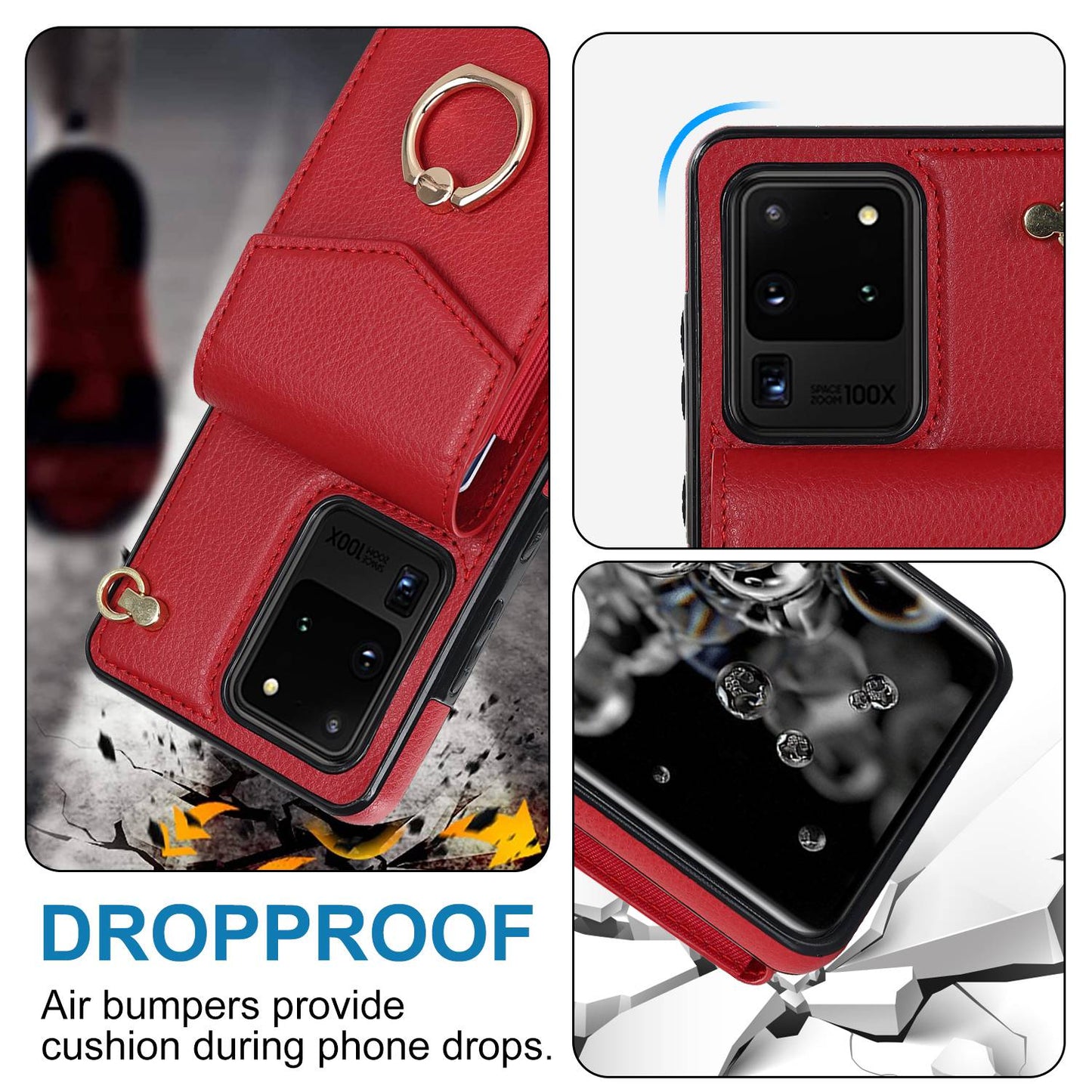 For Samsung Galaxy S20 Ultra Ring Kickstand Phone Back Case RFID Blocking Accordion Style Card Bag PU Leather+TPU Protective Cover with Strap - Red