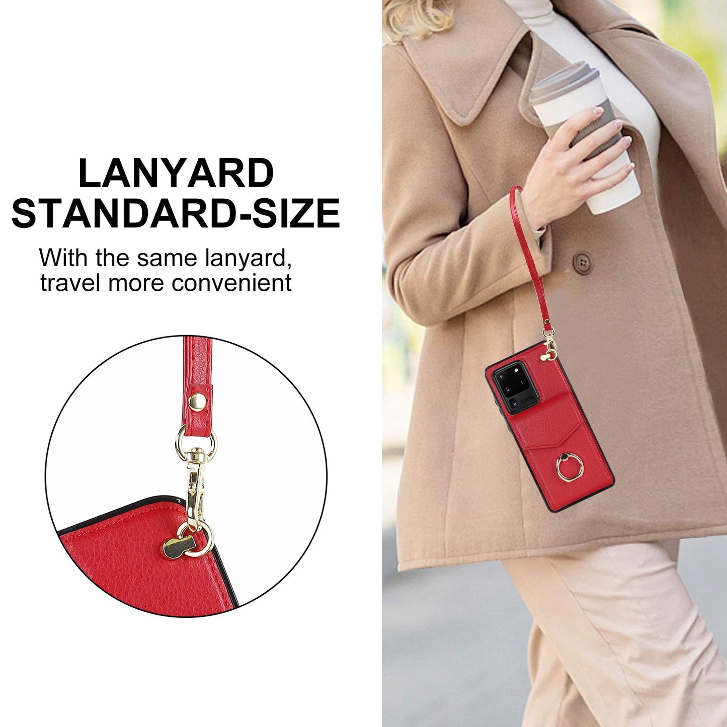 For Samsung Galaxy S20 Ultra Ring Kickstand Phone Back Case RFID Blocking Accordion Style Card Bag PU Leather+TPU Protective Cover with Strap - Red