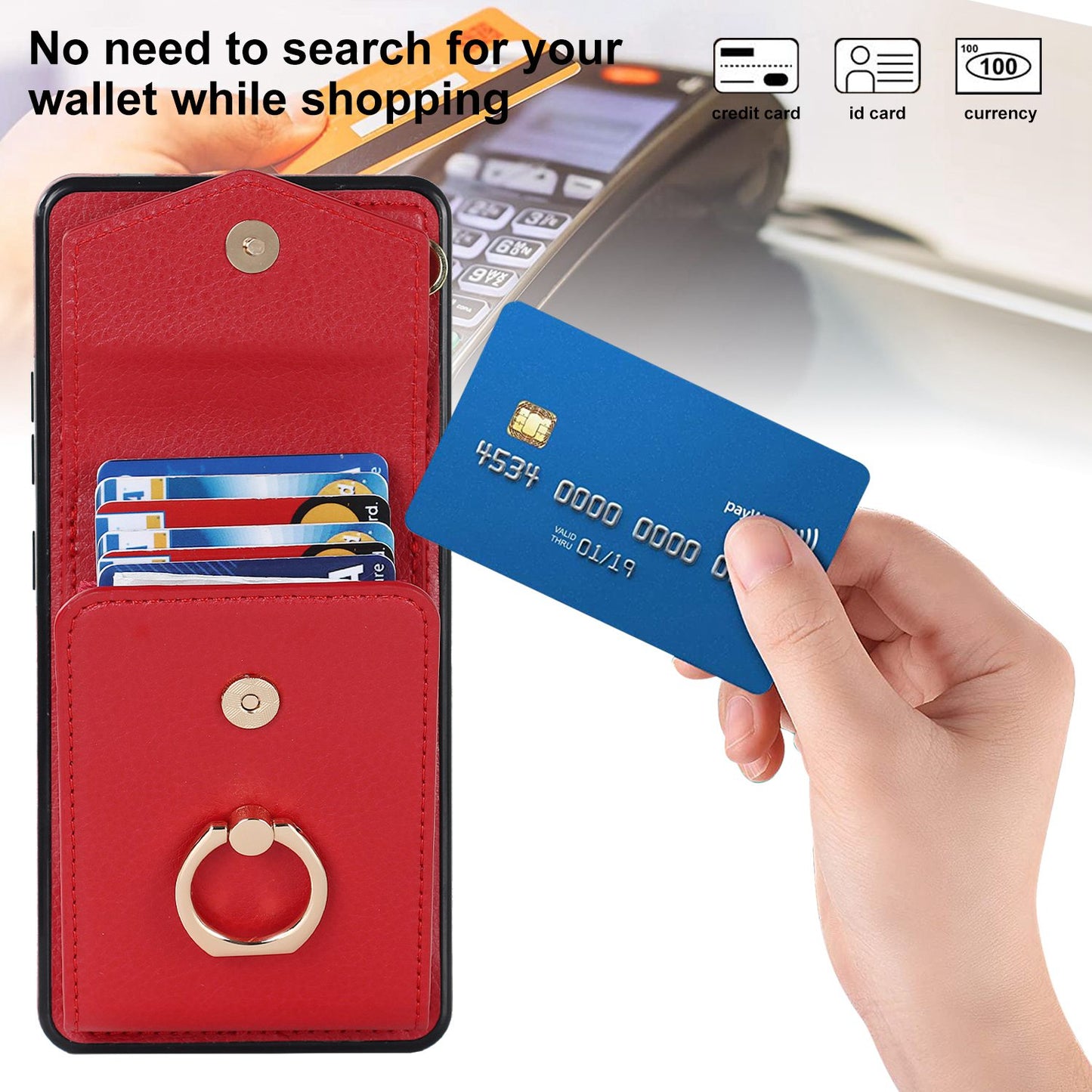 For Samsung Galaxy S20 Ultra Ring Kickstand Phone Back Case RFID Blocking Accordion Style Card Bag PU Leather+TPU Protective Cover with Strap - Red