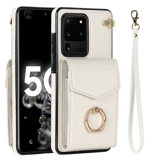 For Samsung Galaxy S20 Ultra Ring Kickstand Phone Back Case RFID Blocking Accordion Style Card Bag PU Leather+TPU Protective Cover with Strap - Beige
