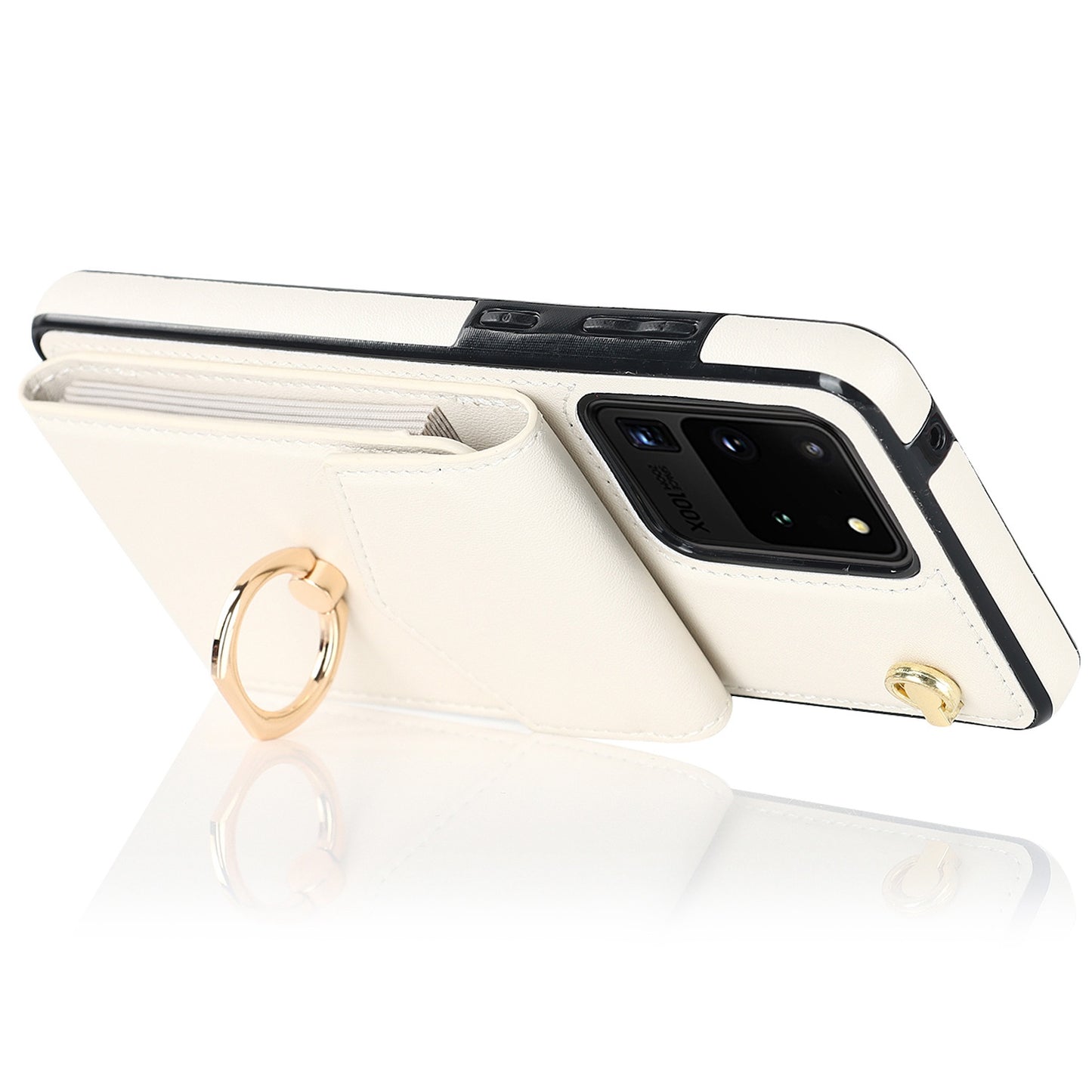 For Samsung Galaxy S20 Ultra Ring Kickstand Phone Back Case RFID Blocking Accordion Style Card Bag PU Leather+TPU Protective Cover with Strap - Beige