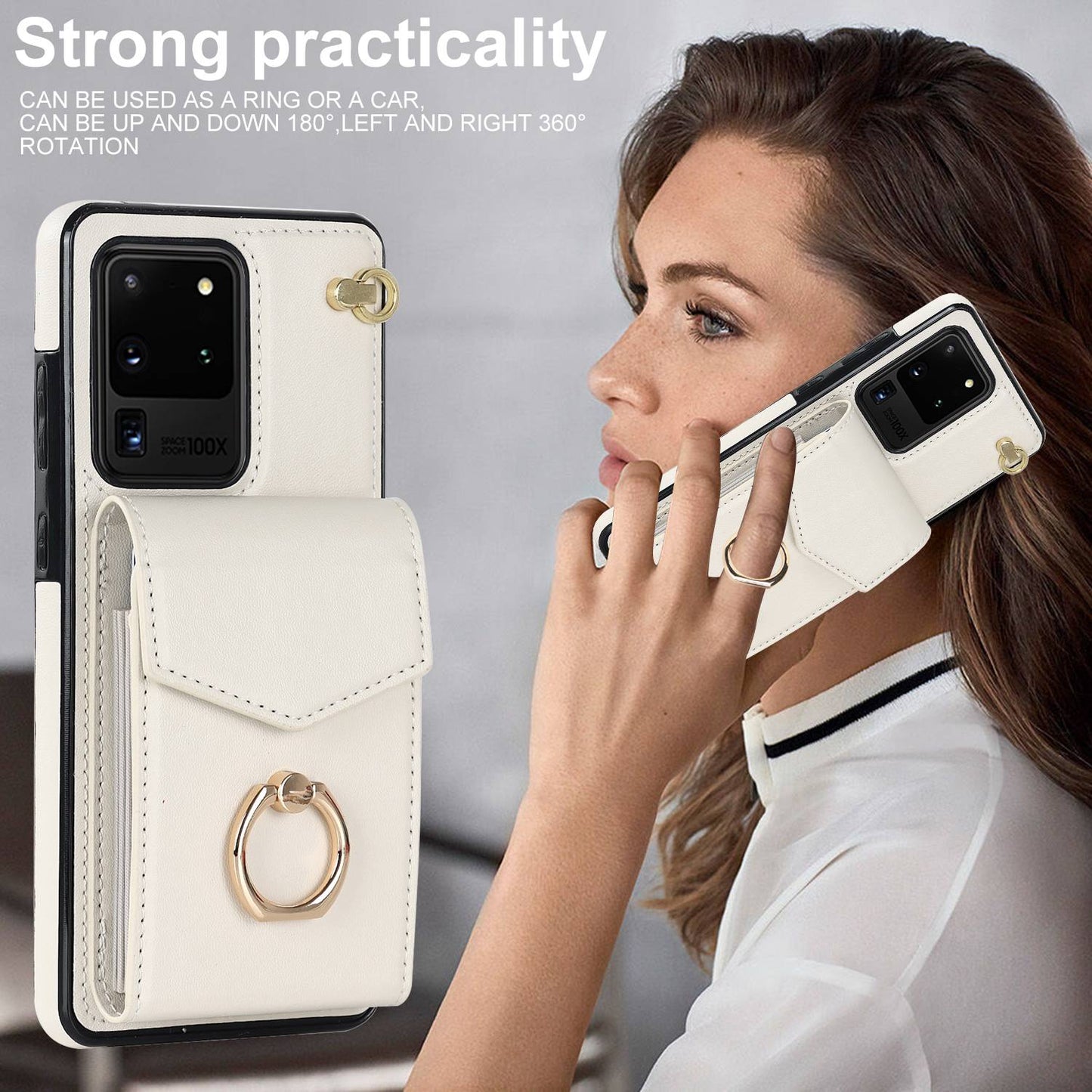 For Samsung Galaxy S20 Ultra Ring Kickstand Phone Back Case RFID Blocking Accordion Style Card Bag PU Leather+TPU Protective Cover with Strap - Beige