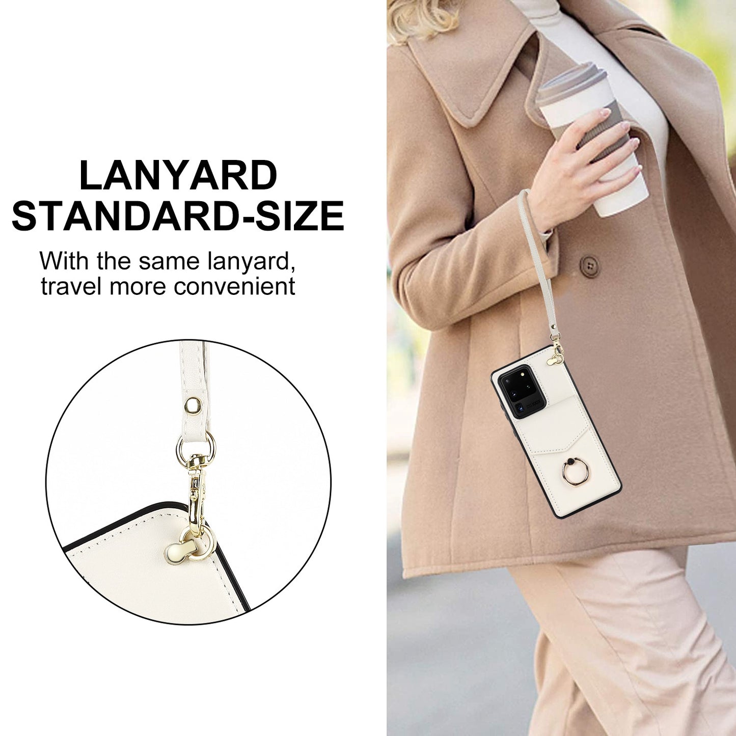 For Samsung Galaxy S20 Ultra Ring Kickstand Phone Back Case RFID Blocking Accordion Style Card Bag PU Leather+TPU Protective Cover with Strap - Beige