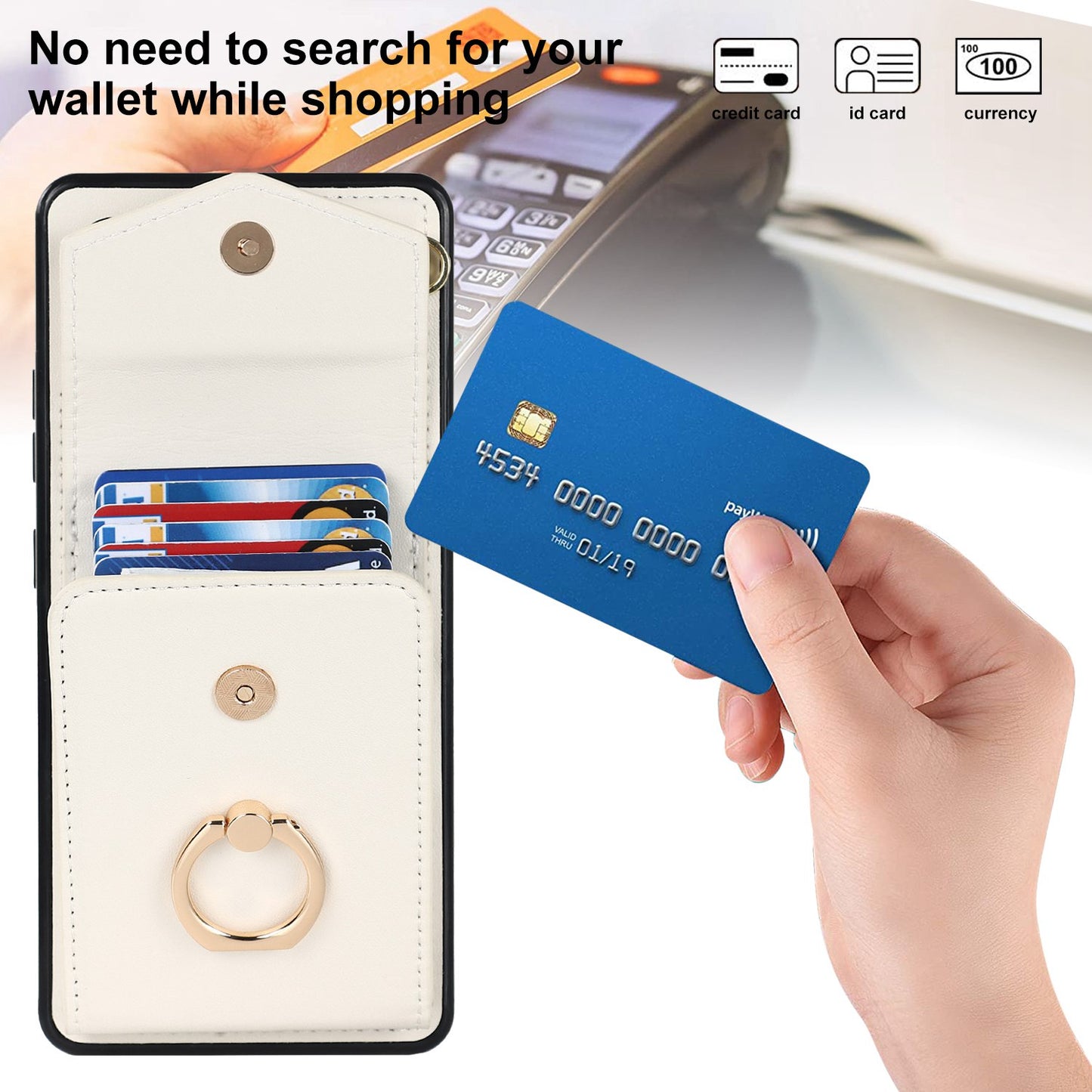 For Samsung Galaxy S20 Ultra Ring Kickstand Phone Back Case RFID Blocking Accordion Style Card Bag PU Leather+TPU Protective Cover with Strap - Beige