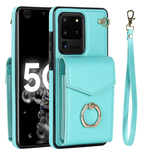 For Samsung Galaxy S20 Ultra Ring Kickstand Phone Back Case RFID Blocking Accordion Style Card Bag PU Leather+TPU Protective Cover with Strap - Mint Green