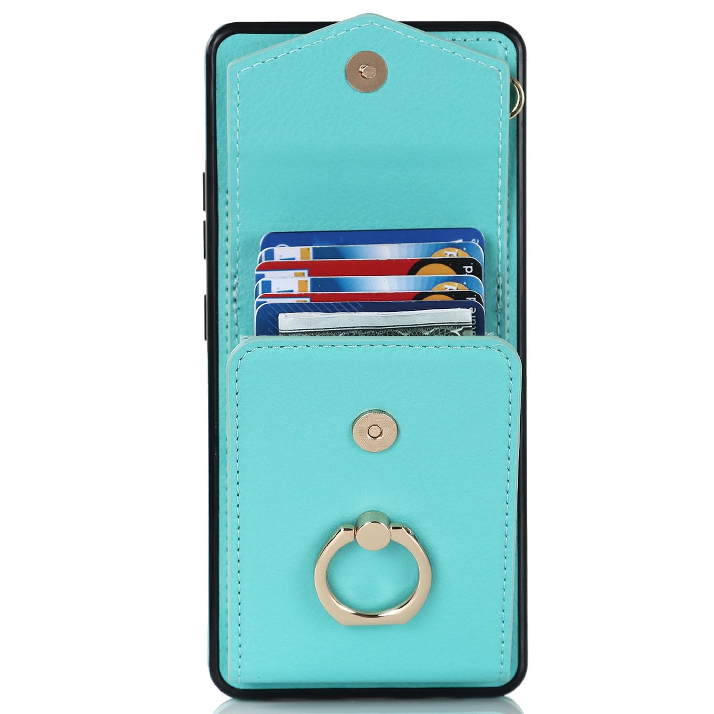 For Samsung Galaxy S20 Ultra Ring Kickstand Phone Back Case RFID Blocking Accordion Style Card Bag PU Leather+TPU Protective Cover with Strap - Mint Green