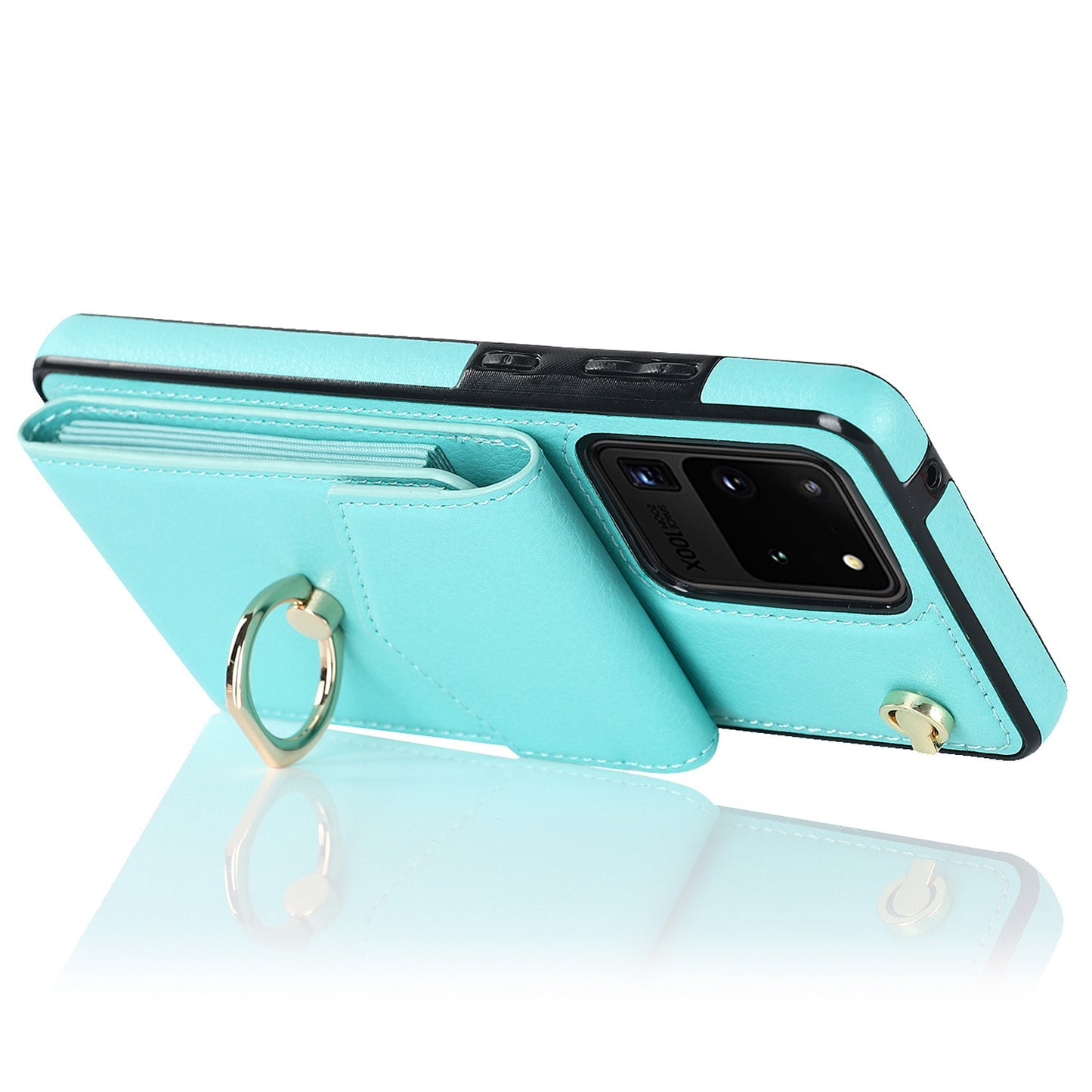 For Samsung Galaxy S20 Ultra Ring Kickstand Phone Back Case RFID Blocking Accordion Style Card Bag PU Leather+TPU Protective Cover with Strap - Mint Green