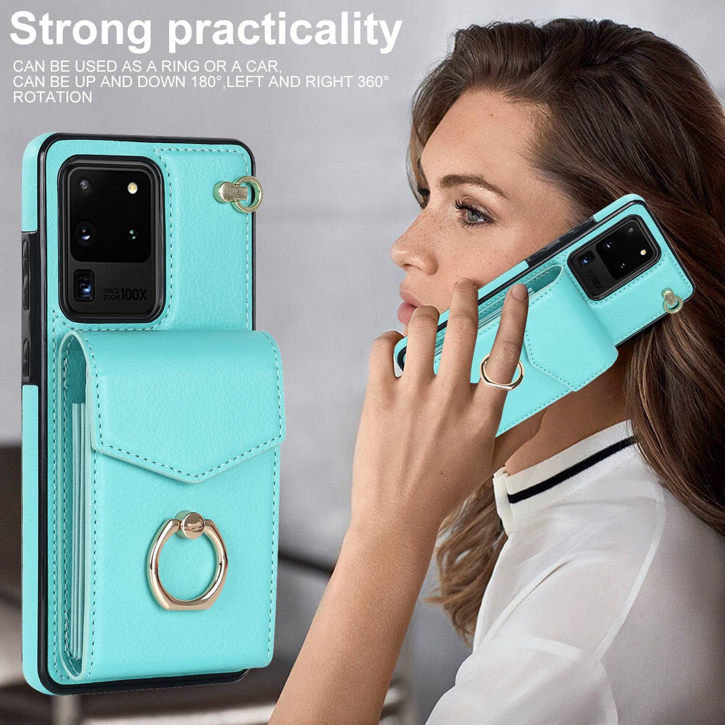 For Samsung Galaxy S20 Ultra Ring Kickstand Phone Back Case RFID Blocking Accordion Style Card Bag PU Leather+TPU Protective Cover with Strap - Mint Green