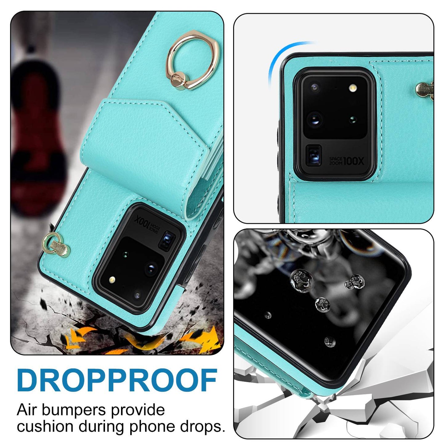 For Samsung Galaxy S20 Ultra Ring Kickstand Phone Back Case RFID Blocking Accordion Style Card Bag PU Leather+TPU Protective Cover with Strap - Mint Green