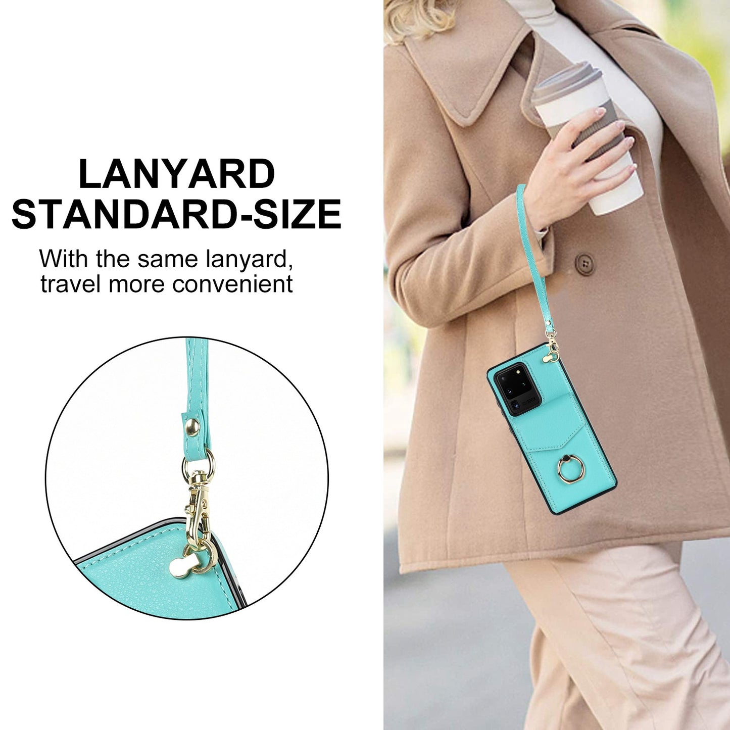 For Samsung Galaxy S20 Ultra Ring Kickstand Phone Back Case RFID Blocking Accordion Style Card Bag PU Leather+TPU Protective Cover with Strap - Mint Green