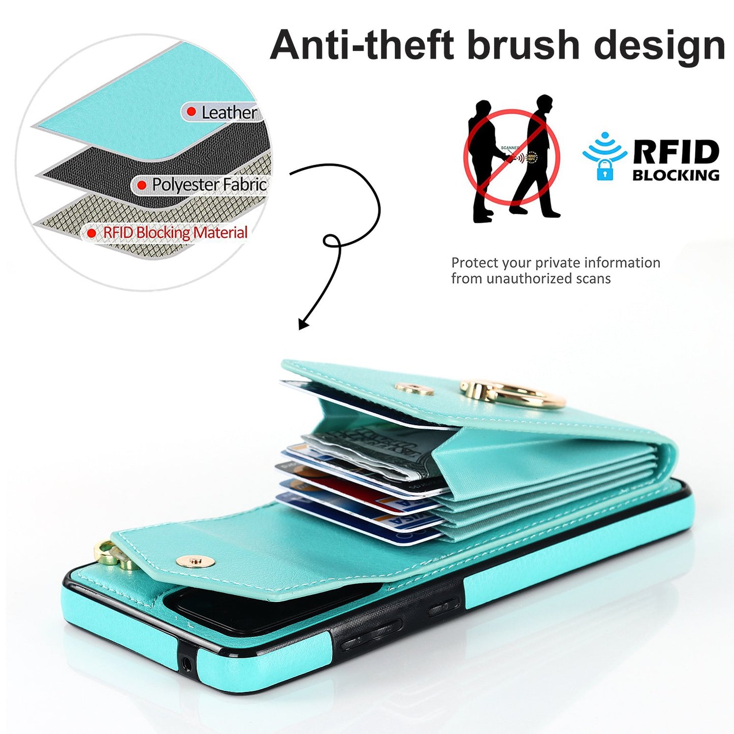 For Samsung Galaxy S20 Ultra Ring Kickstand Phone Back Case RFID Blocking Accordion Style Card Bag PU Leather+TPU Protective Cover with Strap - Mint Green