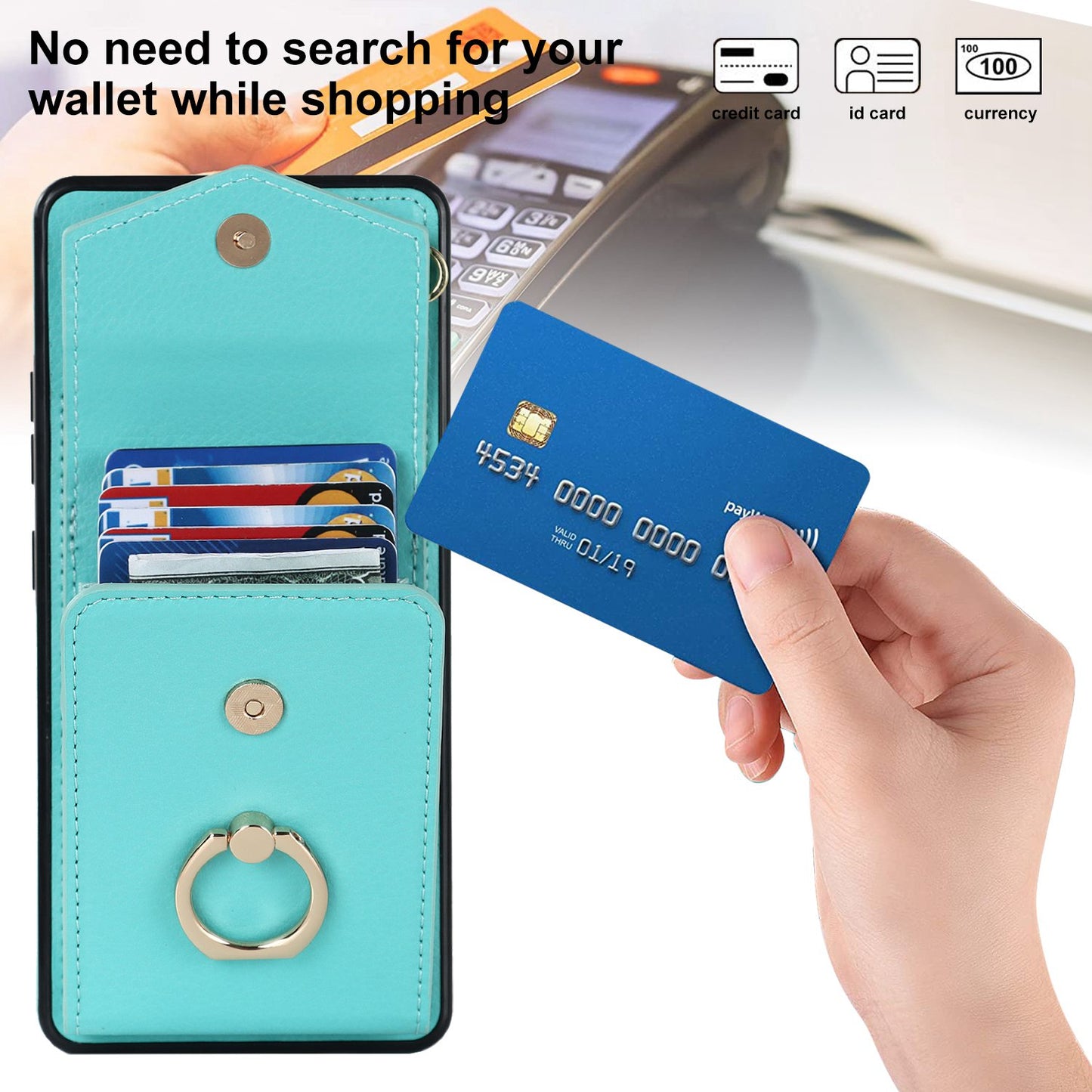 For Samsung Galaxy S20 Ultra Ring Kickstand Phone Back Case RFID Blocking Accordion Style Card Bag PU Leather+TPU Protective Cover with Strap - Mint Green