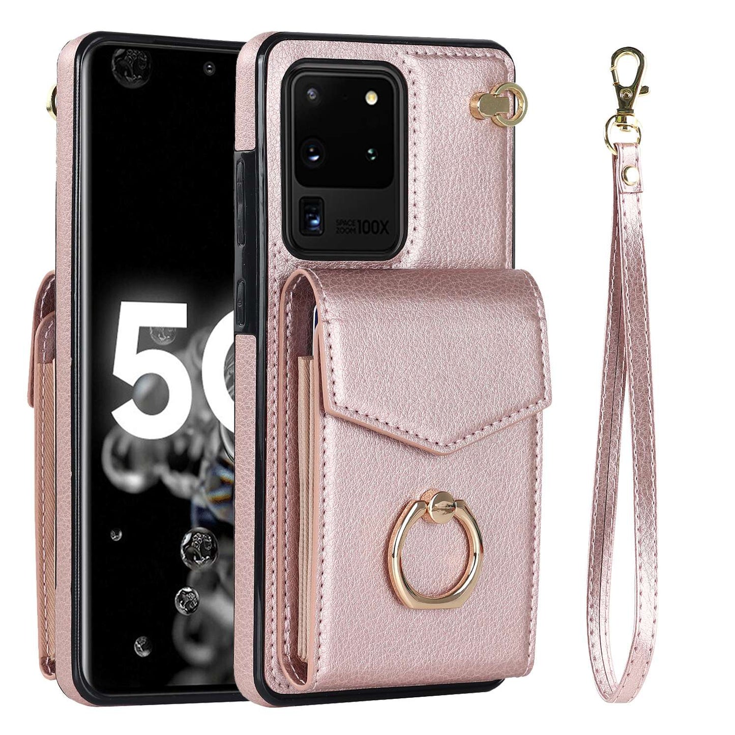 For Samsung Galaxy S20 Ultra Ring Kickstand Phone Back Case RFID Blocking Accordion Style Card Bag PU Leather+TPU Protective Cover with Strap - Rose Gold
