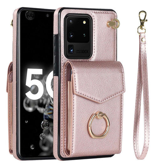For Samsung Galaxy S20 Ultra Ring Kickstand Phone Back Case RFID Blocking Accordion Style Card Bag PU Leather+TPU Protective Cover with Strap - Rose Gold