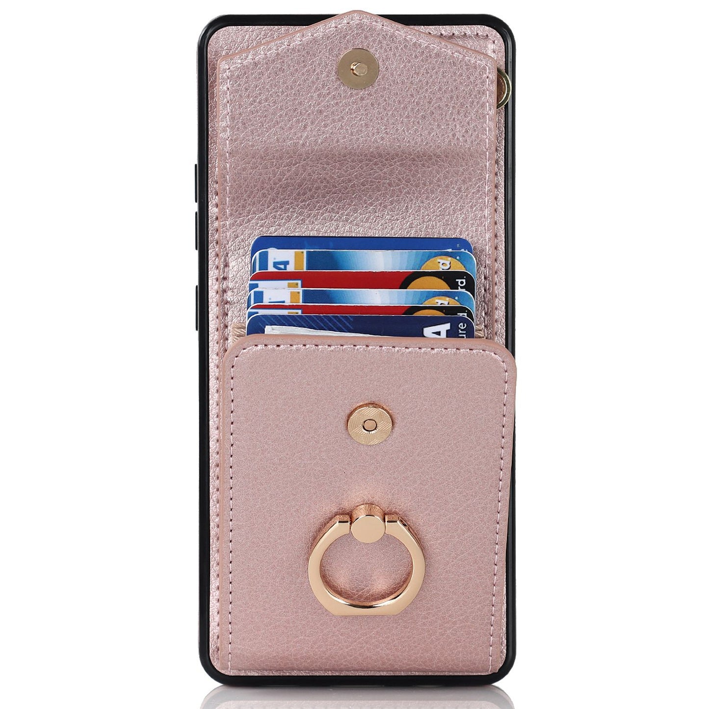 For Samsung Galaxy S20 Ultra Ring Kickstand Phone Back Case RFID Blocking Accordion Style Card Bag PU Leather+TPU Protective Cover with Strap - Rose Gold