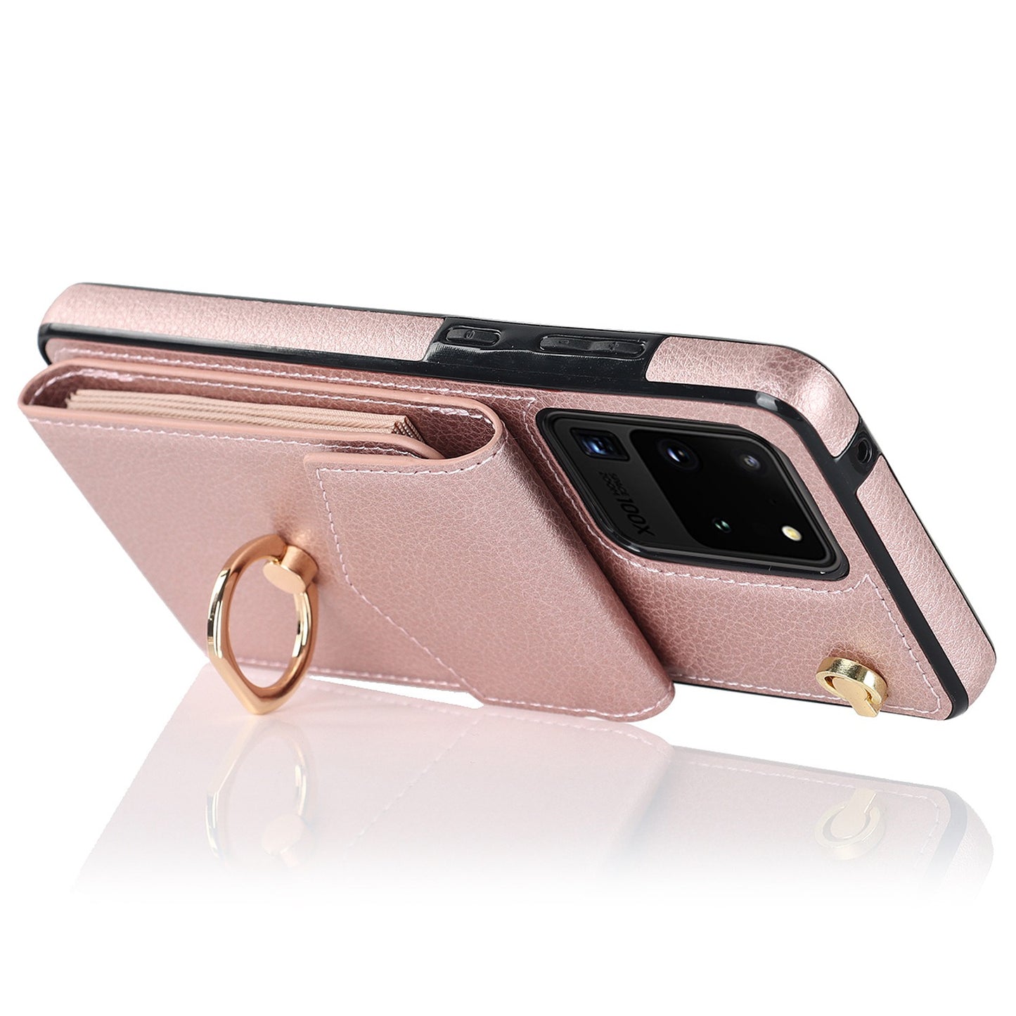 For Samsung Galaxy S20 Ultra Ring Kickstand Phone Back Case RFID Blocking Accordion Style Card Bag PU Leather+TPU Protective Cover with Strap - Rose Gold