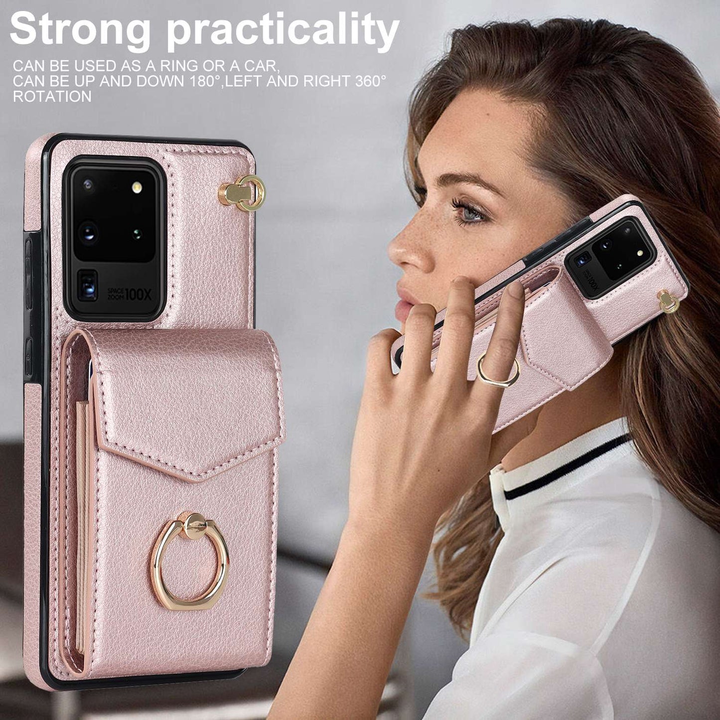 For Samsung Galaxy S20 Ultra Ring Kickstand Phone Back Case RFID Blocking Accordion Style Card Bag PU Leather+TPU Protective Cover with Strap - Rose Gold