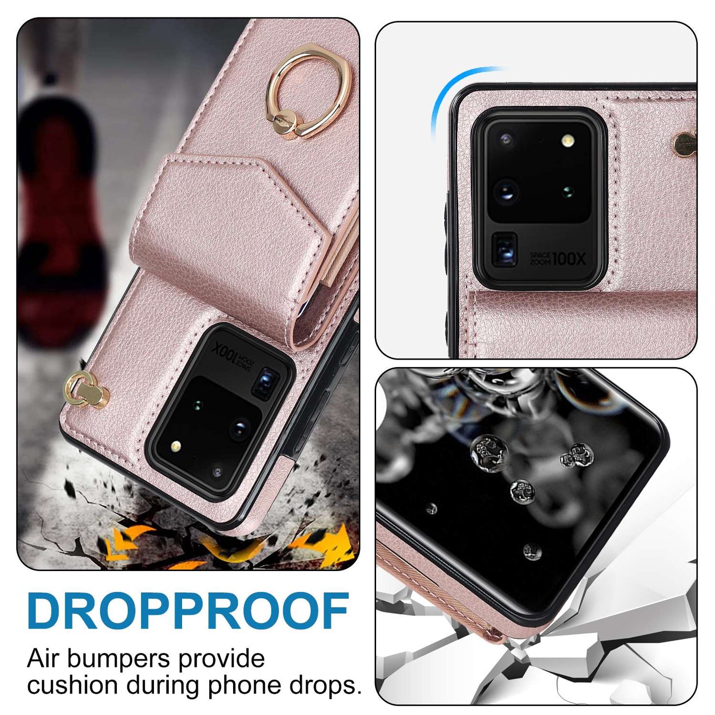 For Samsung Galaxy S20 Ultra Ring Kickstand Phone Back Case RFID Blocking Accordion Style Card Bag PU Leather+TPU Protective Cover with Strap - Rose Gold