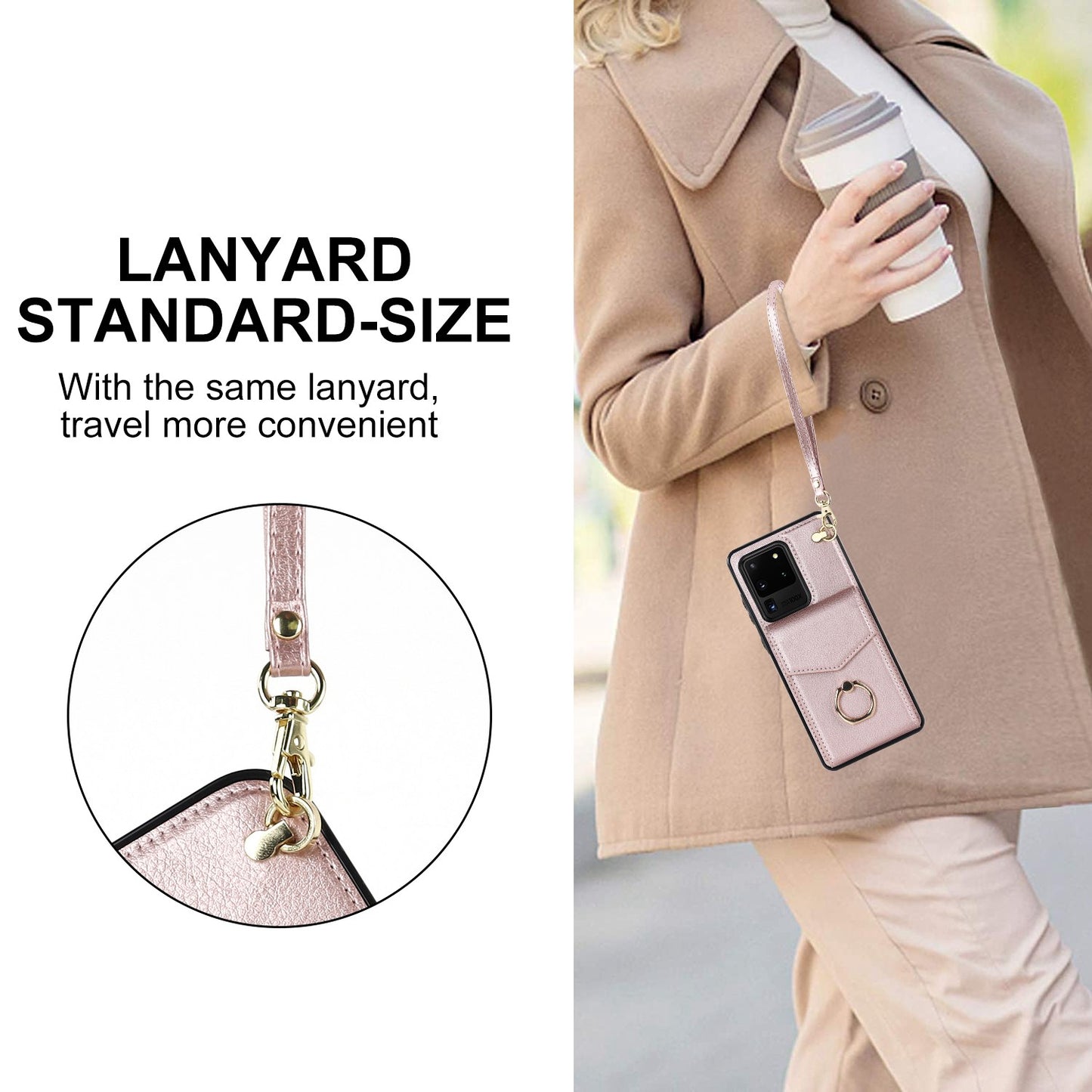 For Samsung Galaxy S20 Ultra Ring Kickstand Phone Back Case RFID Blocking Accordion Style Card Bag PU Leather+TPU Protective Cover with Strap - Rose Gold