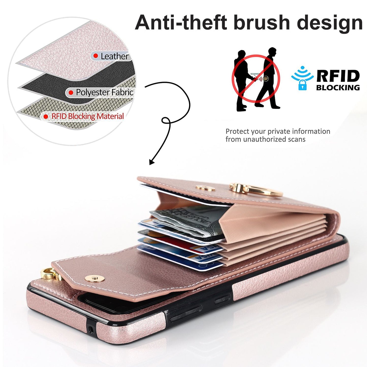 For Samsung Galaxy S20 Ultra Ring Kickstand Phone Back Case RFID Blocking Accordion Style Card Bag PU Leather+TPU Protective Cover with Strap - Rose Gold