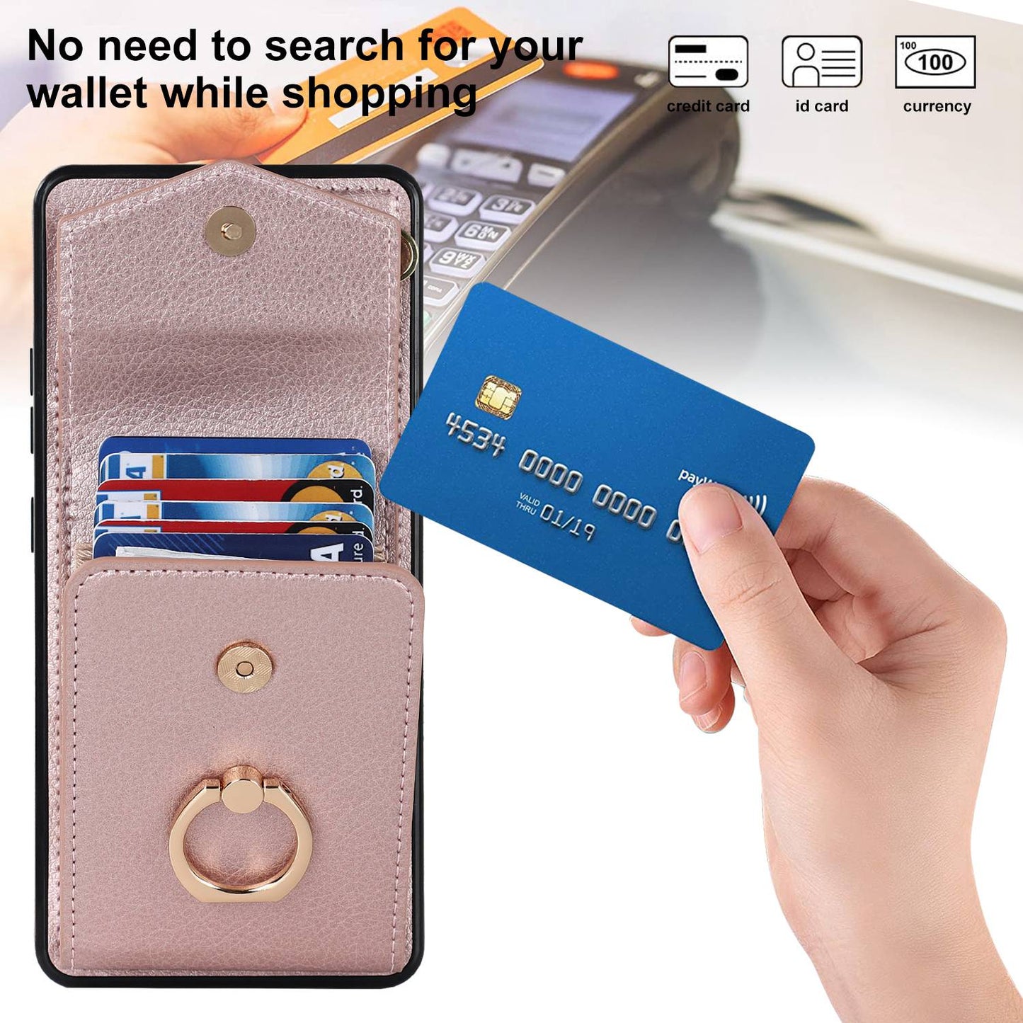 For Samsung Galaxy S20 Ultra Ring Kickstand Phone Back Case RFID Blocking Accordion Style Card Bag PU Leather+TPU Protective Cover with Strap - Rose Gold